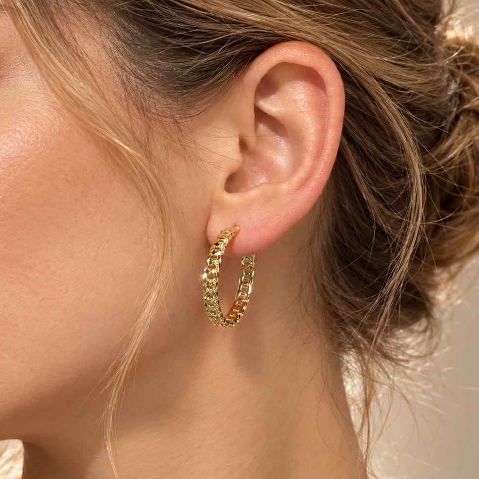 16K Gold Filled 30mm Curb Chain Minimalist C-Shaped Hoop Earrings | Earrings-01181
