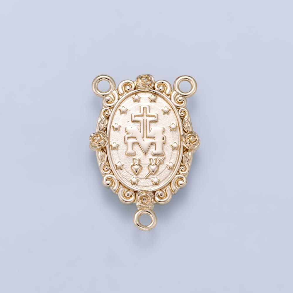 16K Gold Filled 25mm Miraculous Mary "Regina Sine Labe Originali Concepta OPN" Rose Bezel Religious Triple Connector | Findings-00157