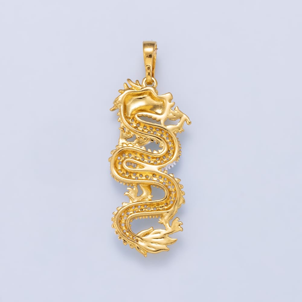 16K Gold Filled 34mm Mixed Metal Micro Paved CZ Dragon Pendant | Charms-02470