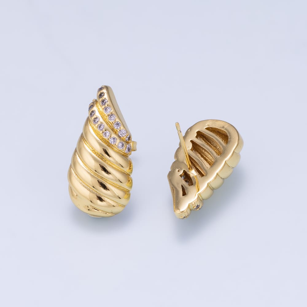 16K Gold Filled 40mm Micro Paved CZ Croissant Dome Teardrop Stud Earrings | Earrings-01244