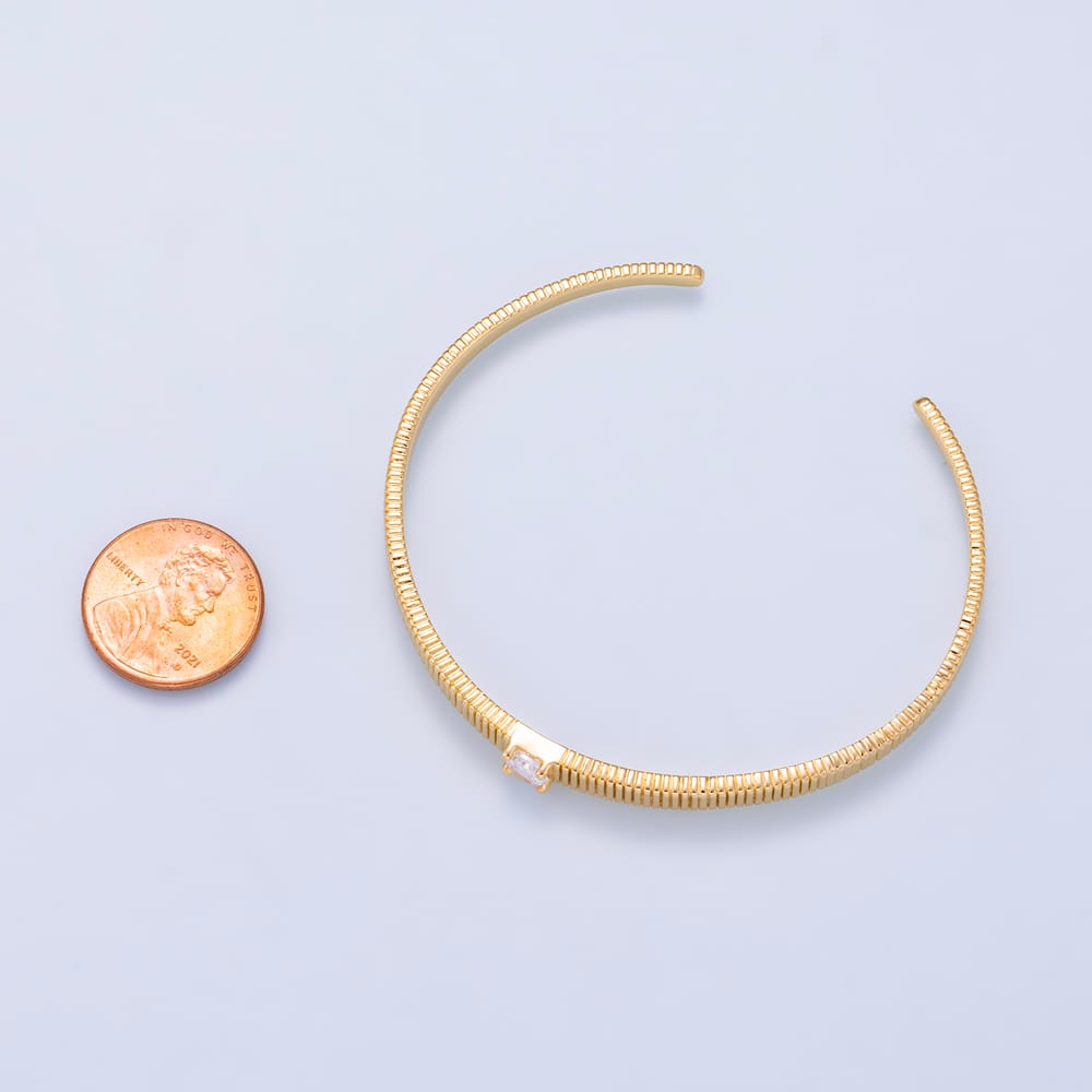 16K Gold Filled Clear CZ Baguette Ribbed Geometric Cuff Bracelet | WA-00719