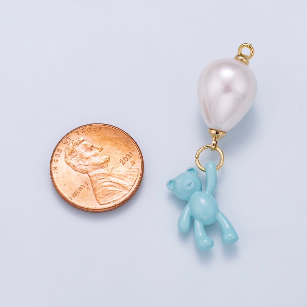 16K Gold Filled 44mm Blue Enamel Bear Baroque Freshwater Pearl Drop Charm | Charms-02598