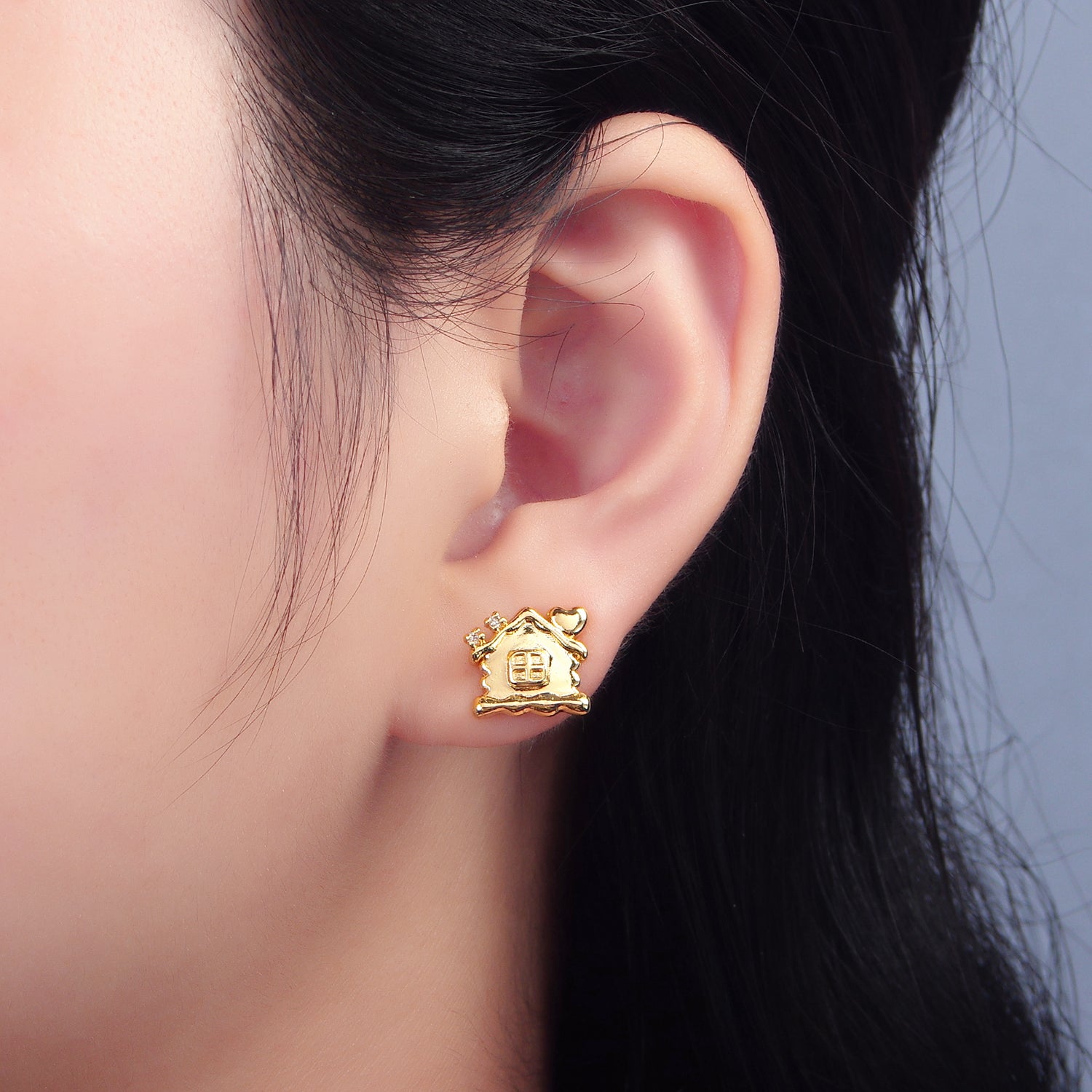 24K Gold Filled CZ Molten Dough House Heart Stud Earrings | P003