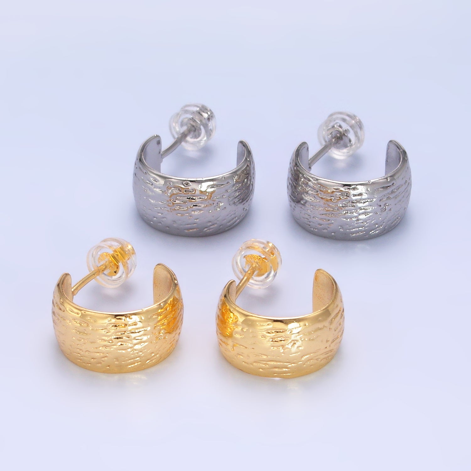 24K Gold Filled 15mm Line-Textured Wide C-Shaped Hoop Earrings in Gold & Silver | AB1534 AB1548