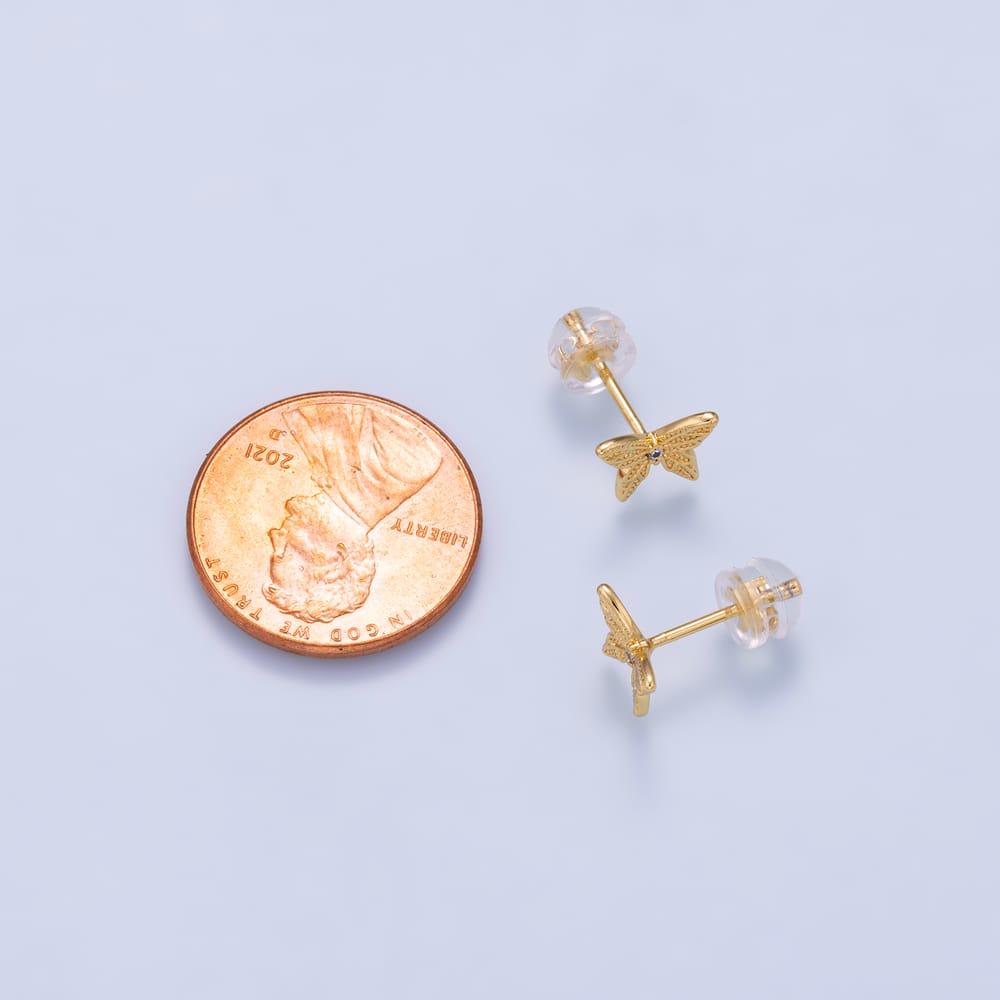 16K Gold Filled 8mm Clear CZ Butterfly Textured Stud Earrings | Earrings-01268