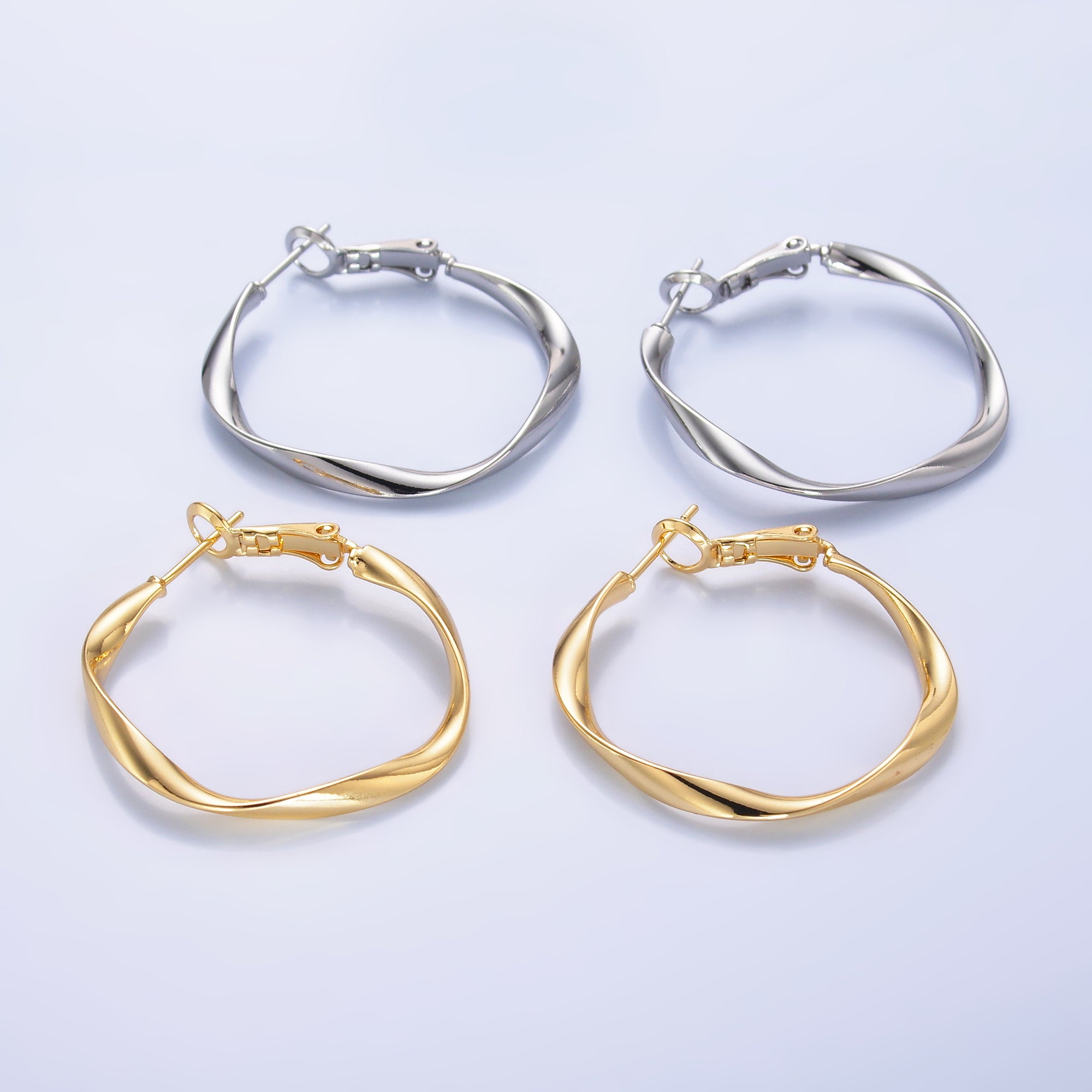 24K Gold Filled 32mm Twisted Hinge Hoop Earrings in Gold & Silver | AB863 AB864