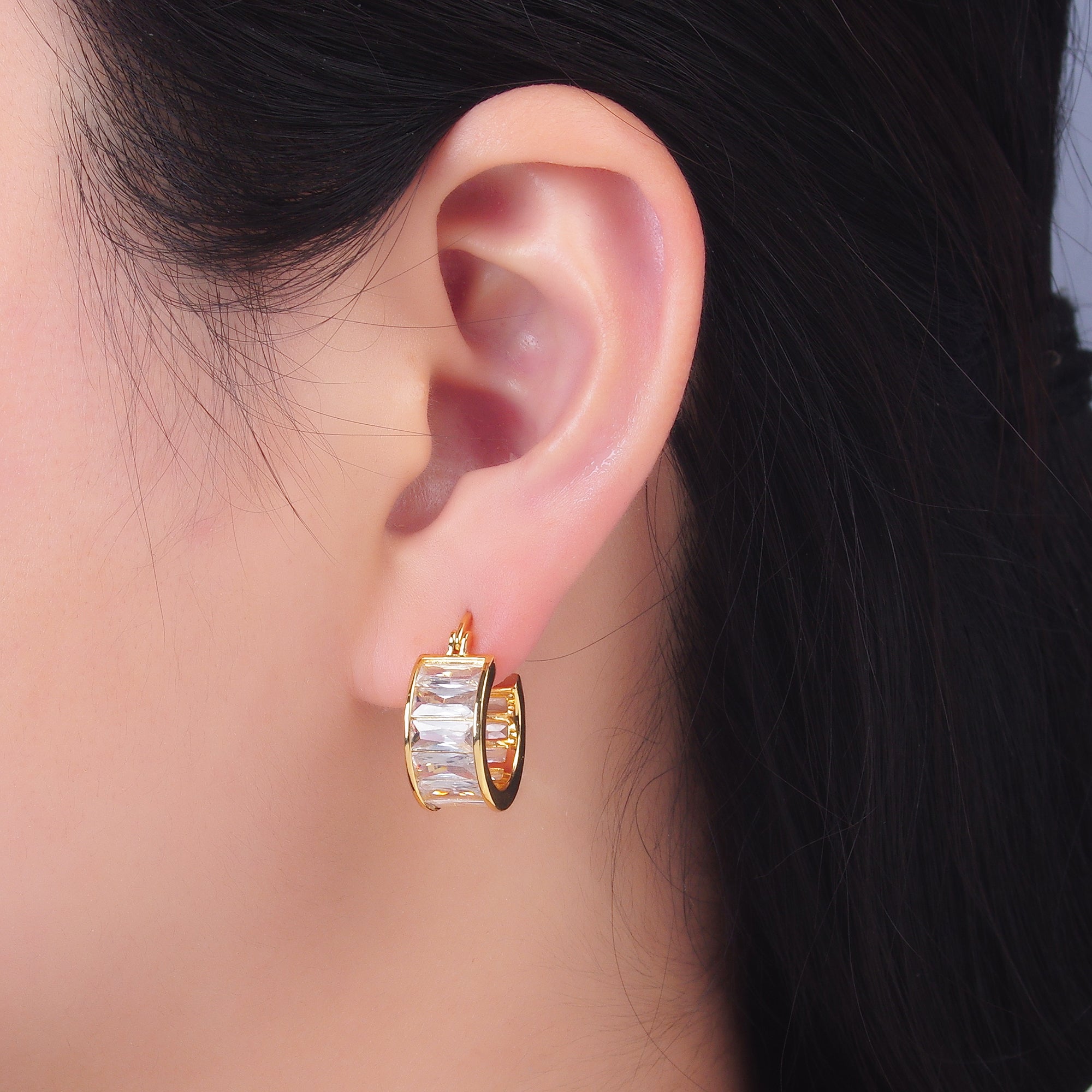 24K Gold Filled Clear CZ Baguette Latch Hoop Earrings | AB983