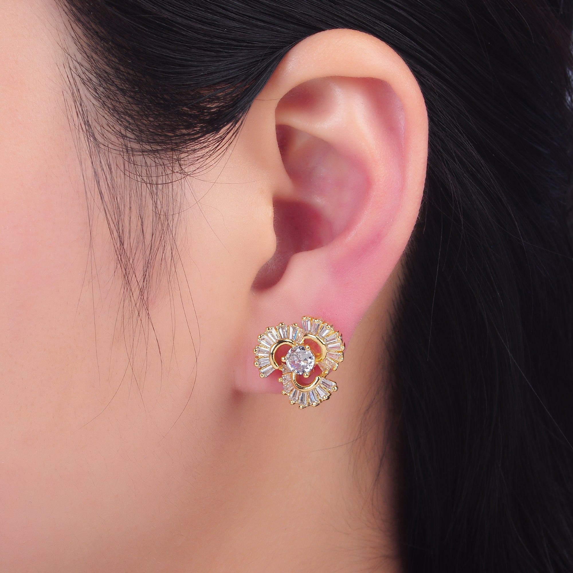 24K Gold Filled CZ Round Baguette Circular Geometric Stud Earrings | AB1441