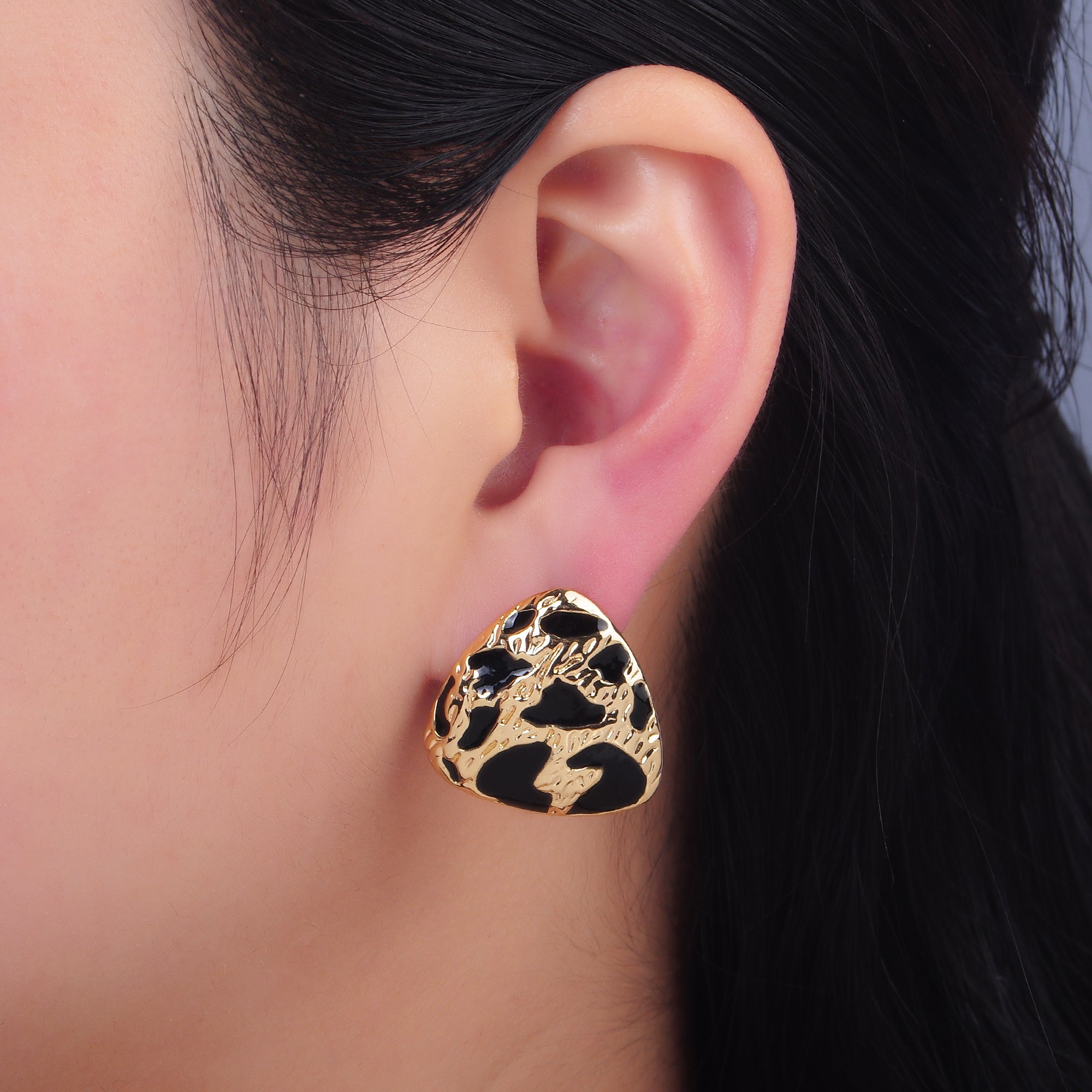 24K Gold Filled Black Enamel Cheetah Textured Triangle Stud Earrings in Gold & Silver | AB1420 AB1419