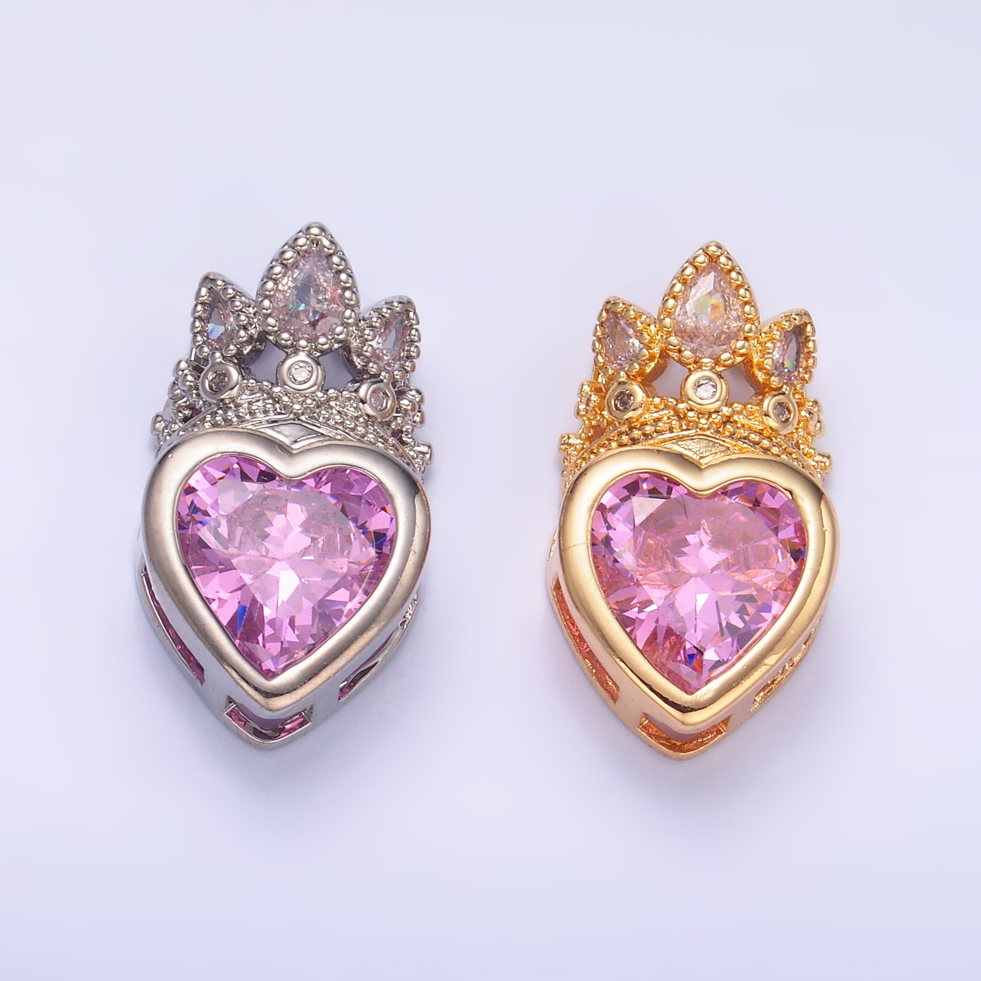 24K Gold Filled Pink CZ Heart Crown Pendant in Gold & Silver | AA1441