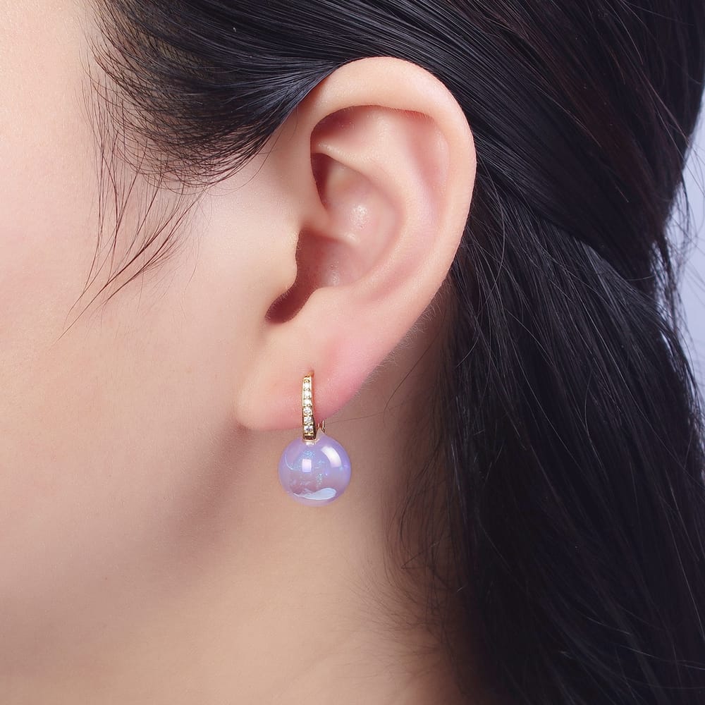 24K Gold Filled 22mm Pink, Yellow, Purple, White Faux Pearl Round Drop U-Shaped Huggie Earrings | Q353 ~ Q408