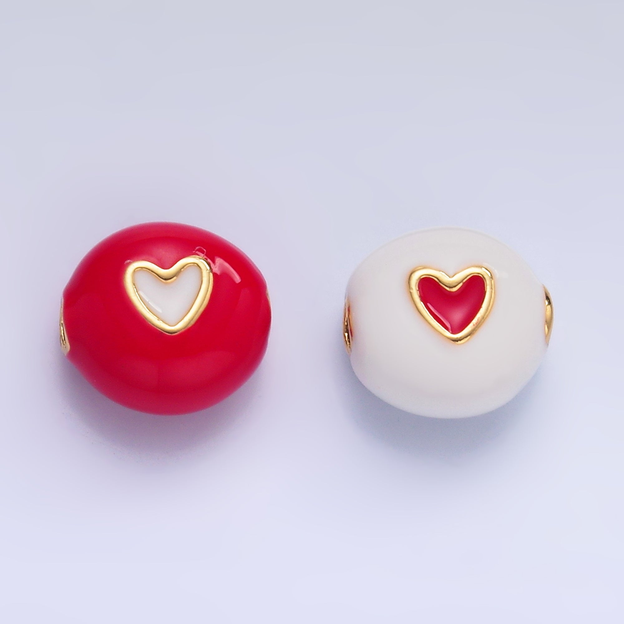 24K Gold Filled Heart White, Red Enamel Round Bead | B183