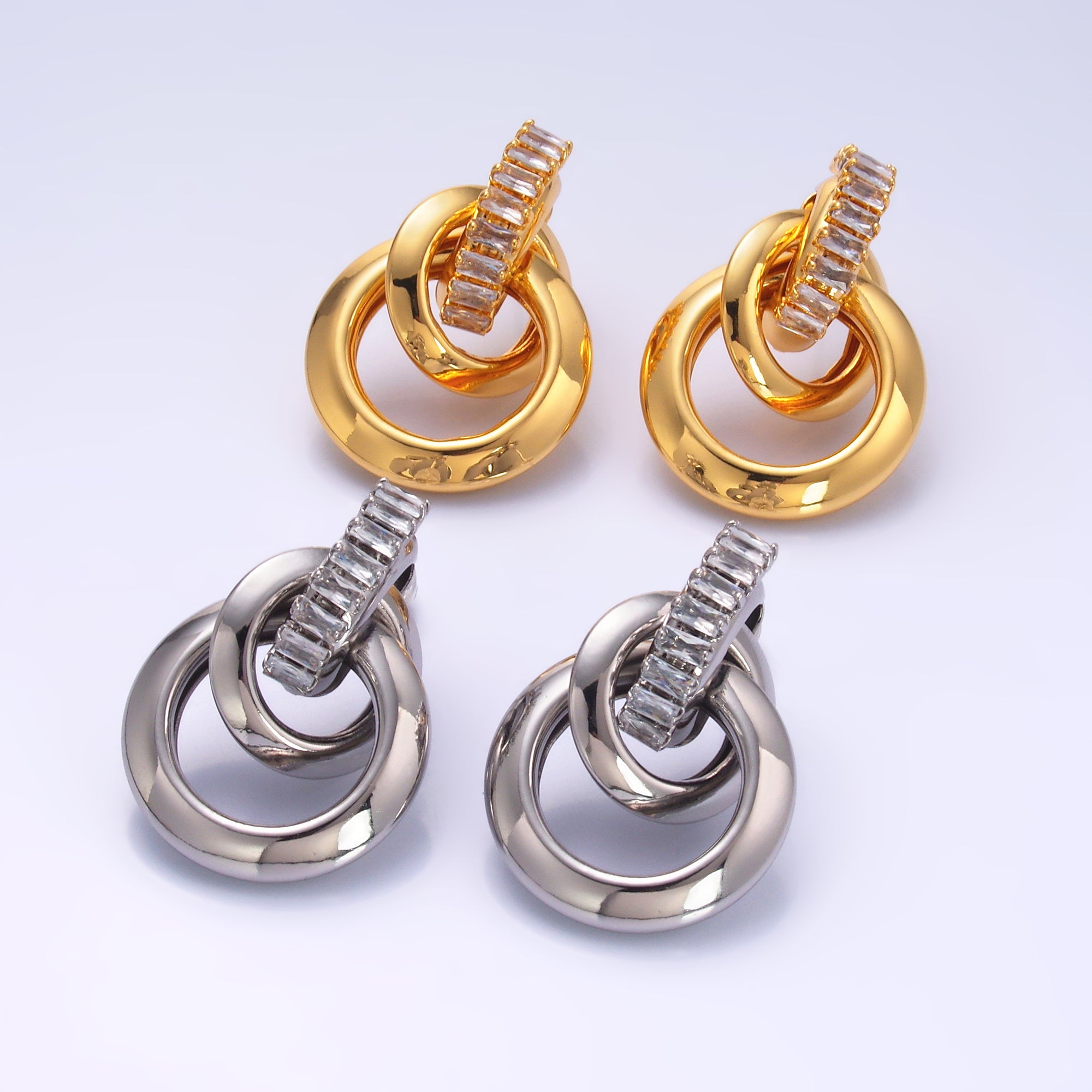 24K Gold Filled Baguette Door Knocker Geometric Stud Earrings in Gold & Silver | AB926 AB927