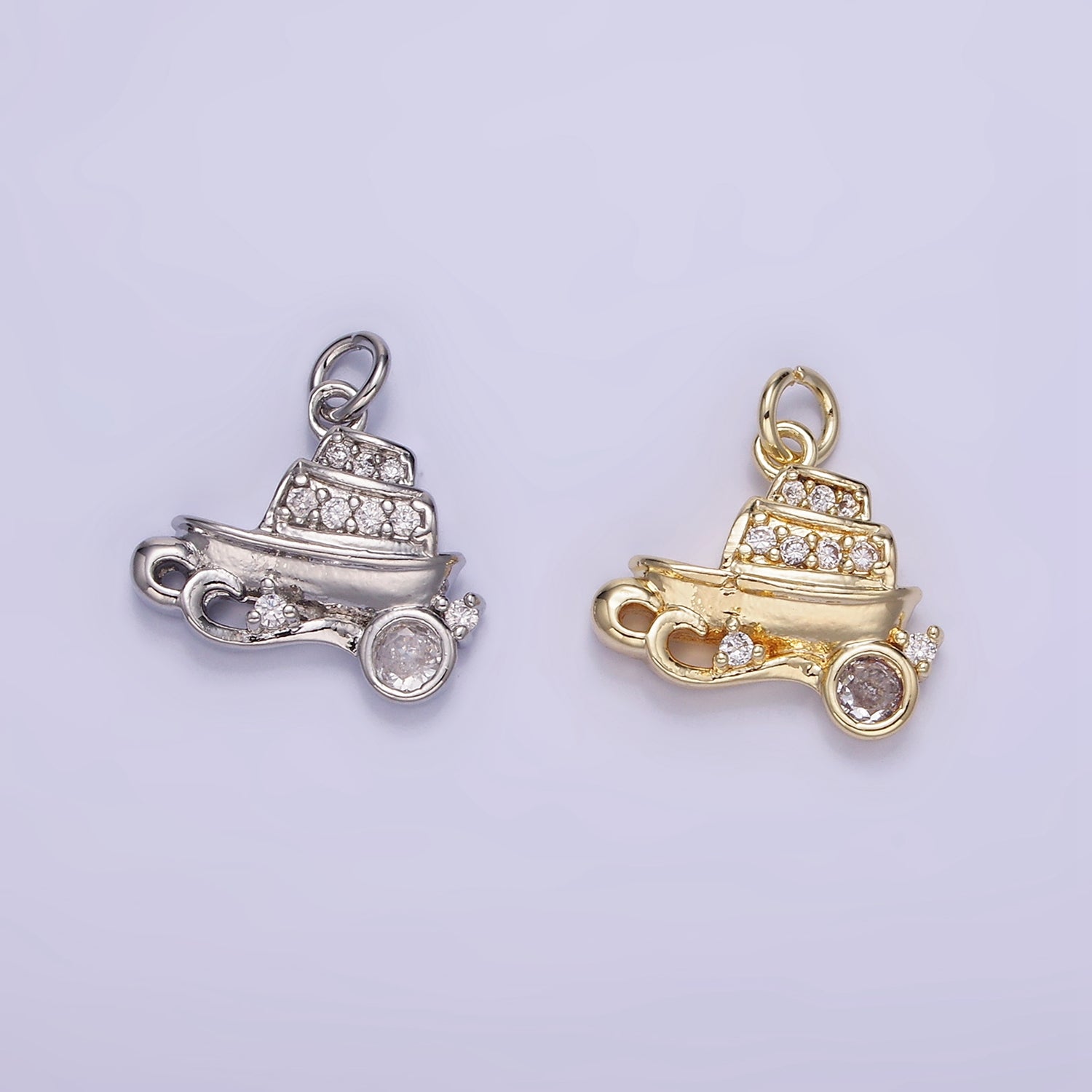 14K Gold Filled 14mm Vehicle Motor Sea Boat CZ Micro Paved Charm in Gold & Silver | W537