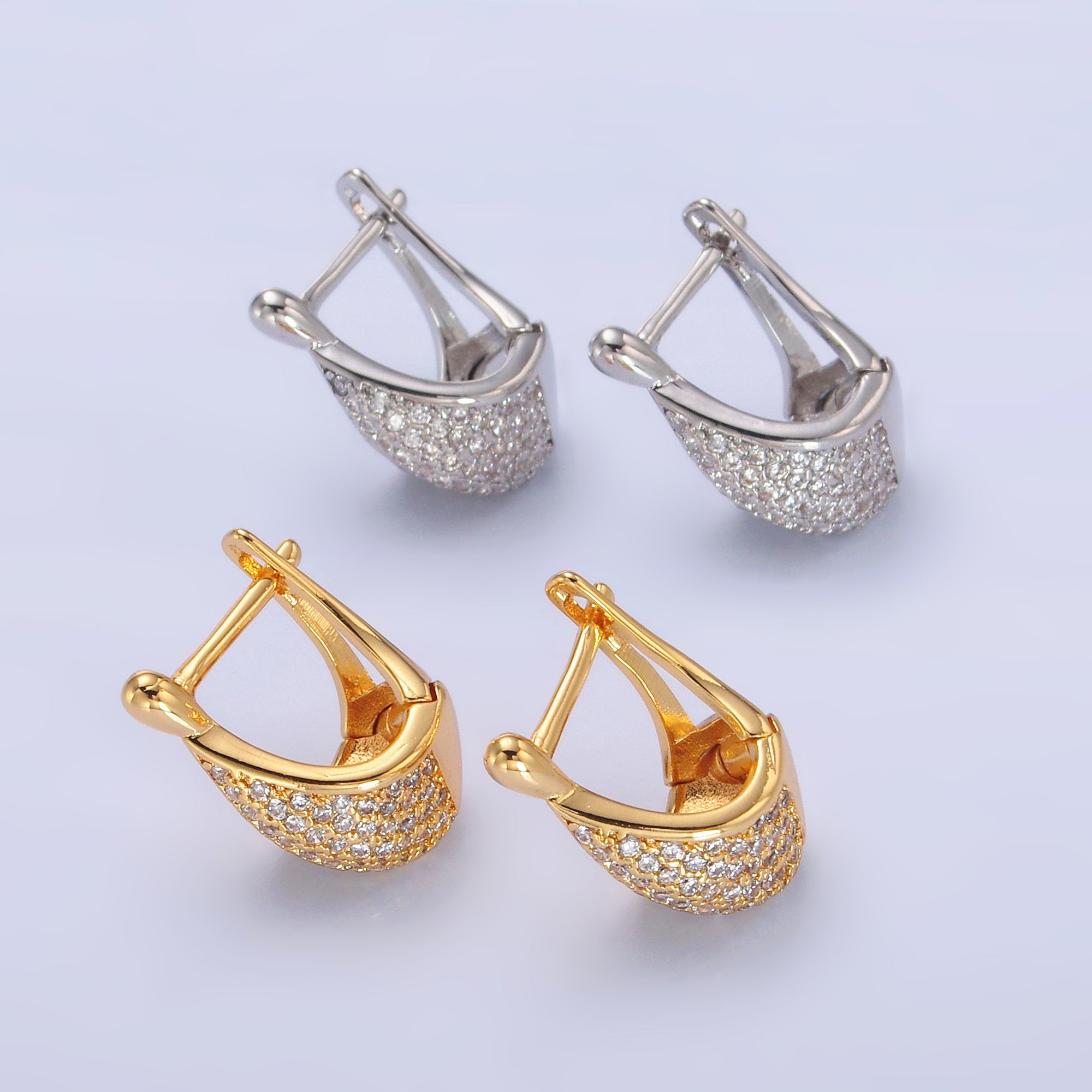 16K Gold Filled Micro Paved CZ Teardrop Dome Hinge Hoop Earrings in Gold & Silver | AB1413 AB1414