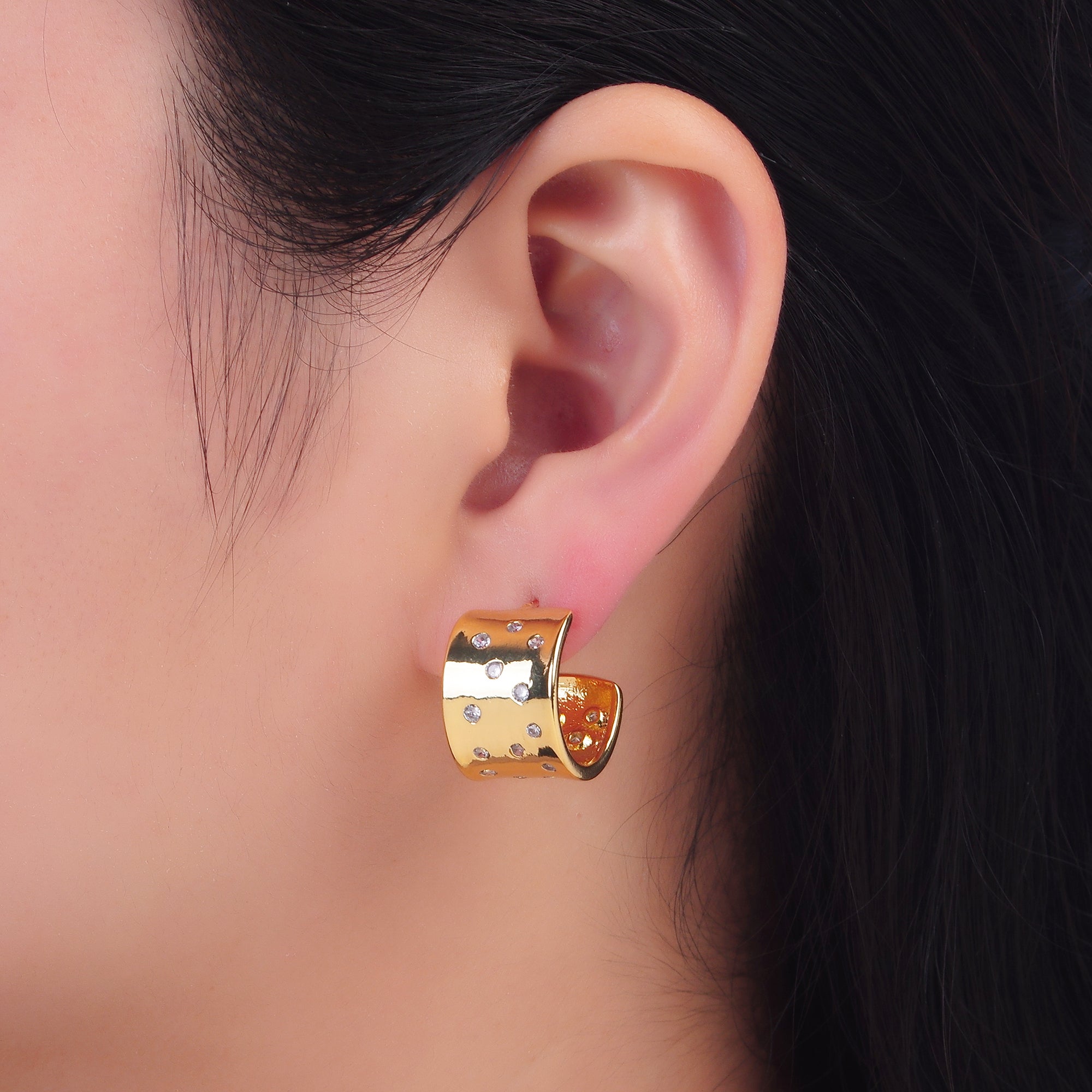24K Gold Filled Clear CZ Dotted Wide C-Shaped Hoop Earrings | AD547