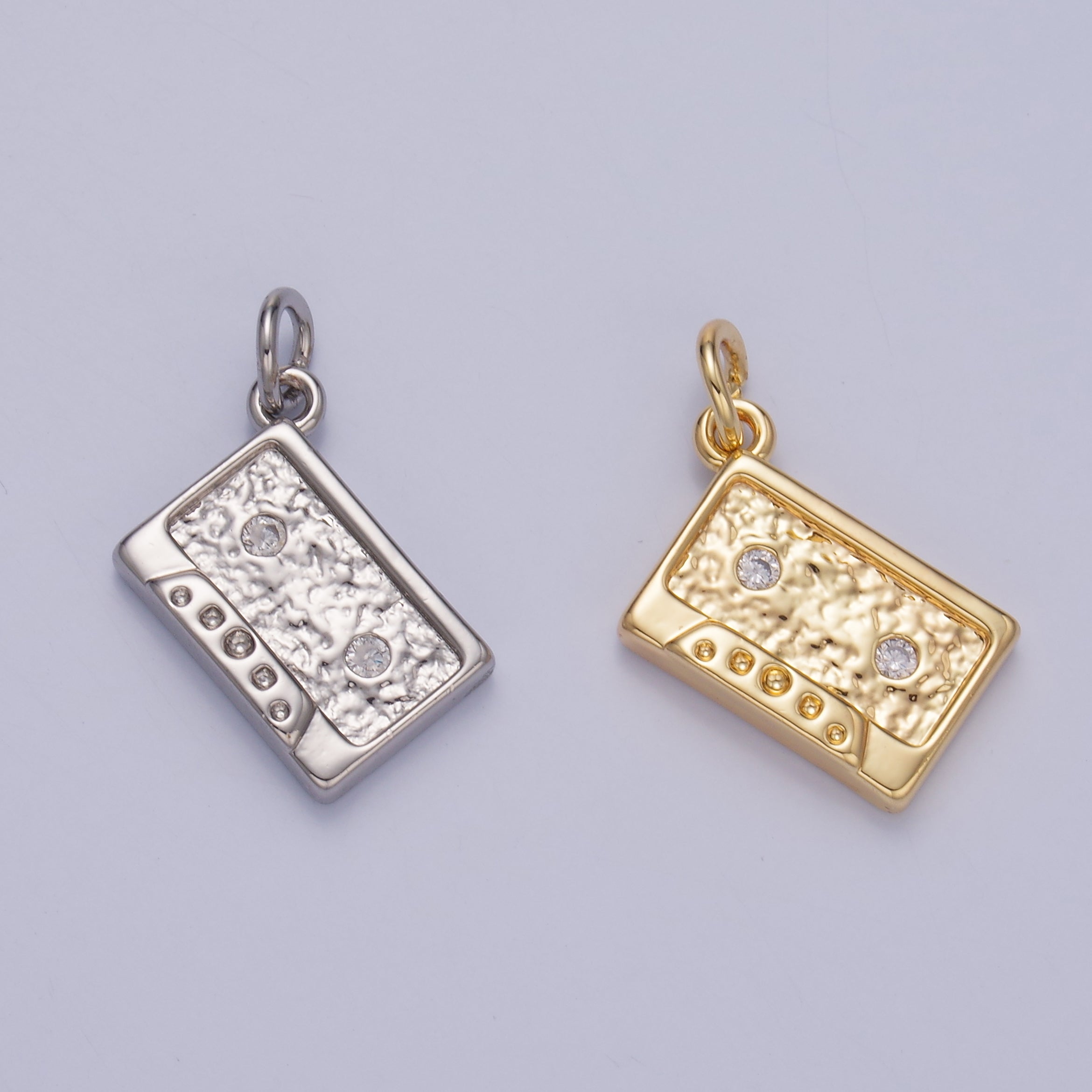 24K Gold Filled CZ Vintage Cassette Music Tape Charm in Gold & Silver | W415