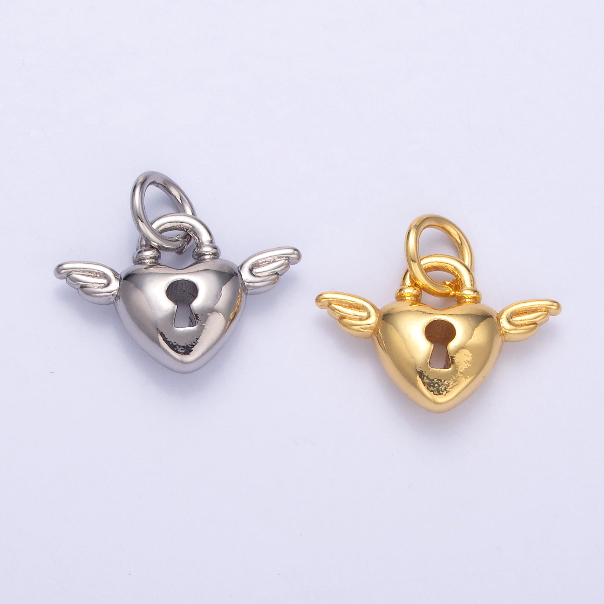 24K Gold Filled Padlock Heart Wings Charm in Gold & Silver | N070