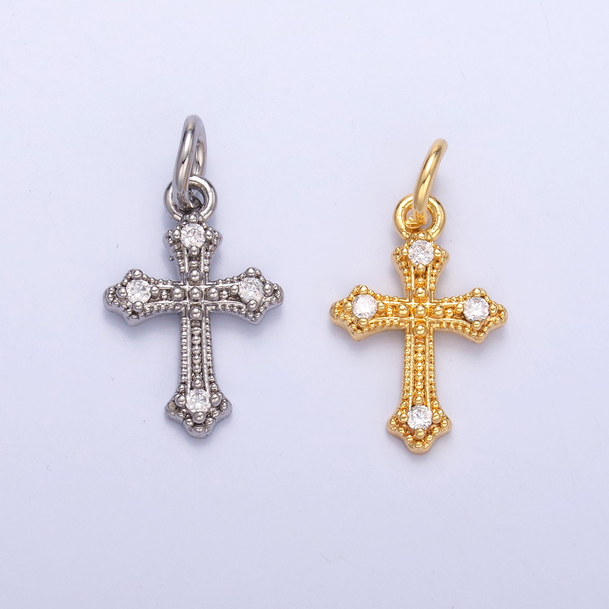 24K Gold Filled Clear CZ Dotted Passion Cross Charm in Gold & Silver | N071