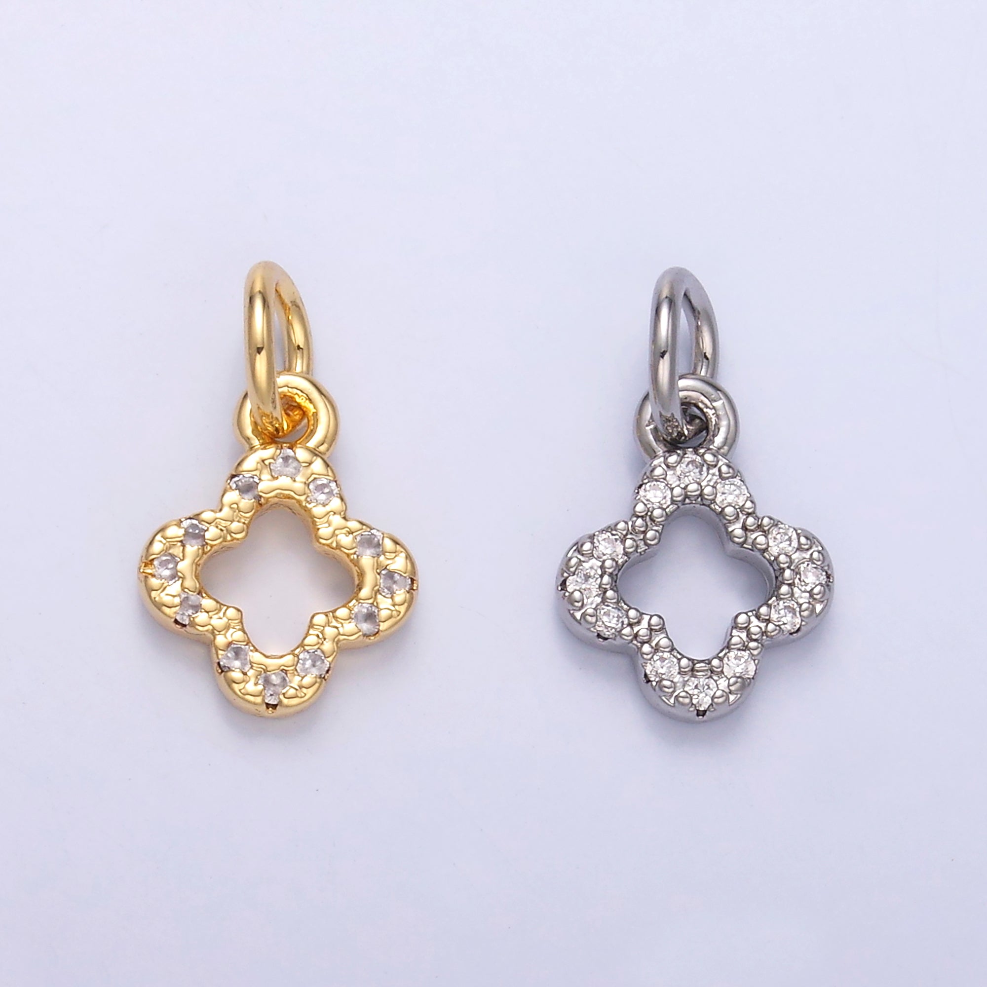 24K Gold Filled Micro Paved CZ Open Quatrefoil Clover Charm in Gold & Silver | N012
