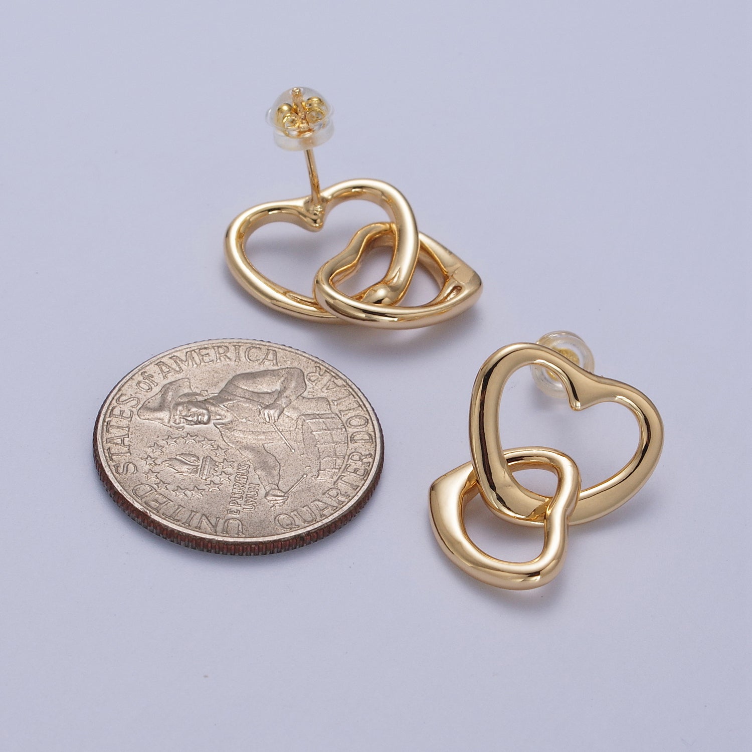 Double Gold Valentine Hearts Stud Drop Earrings | AD-149