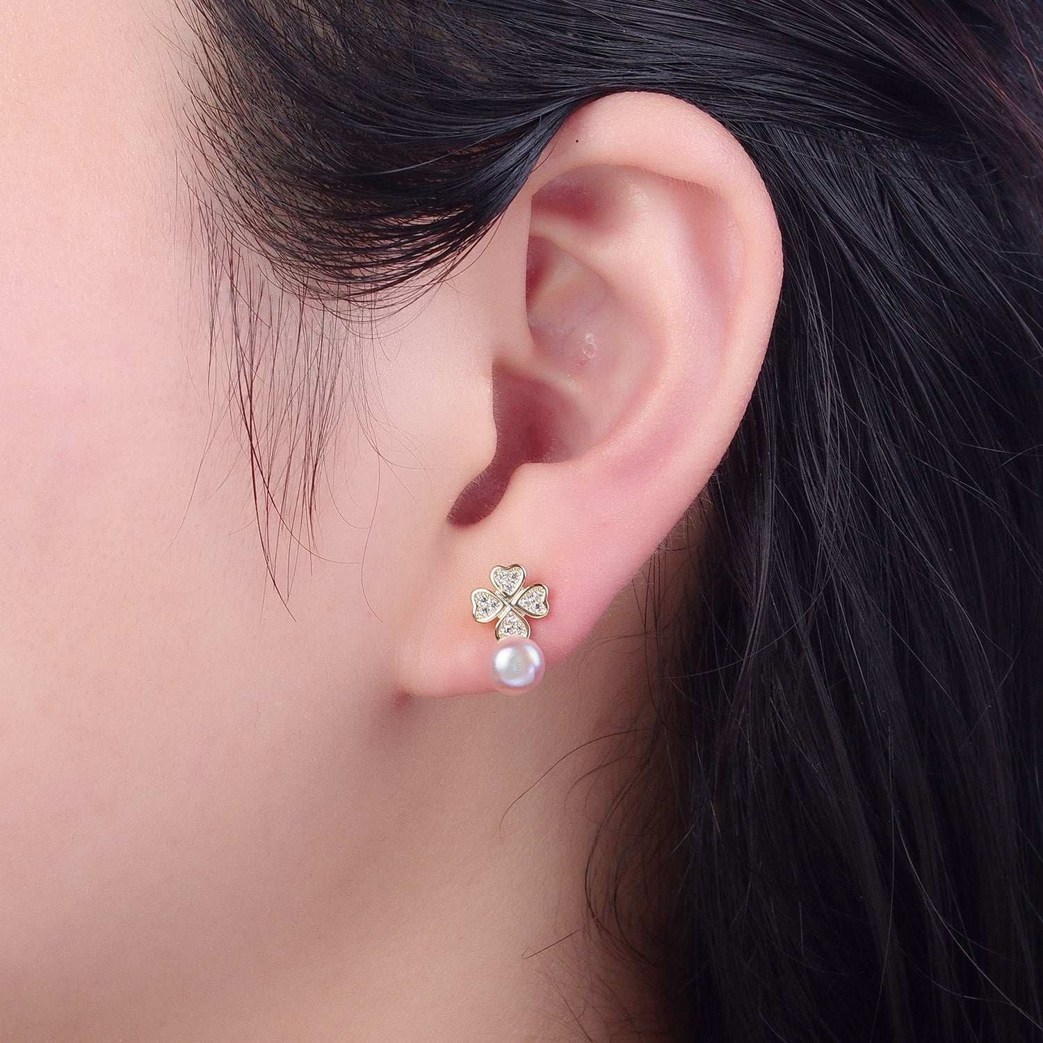 Gold White, Purple, Pink Shell Pearl Micro Paved CZ Clover Stud Earrings |  V379 - V381