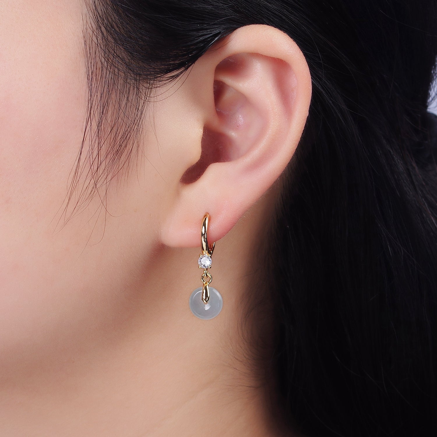 16K Gold Filled Green, White Jade Donut Round Drop Clear CZ Huggie Earrings | AE633 AE652