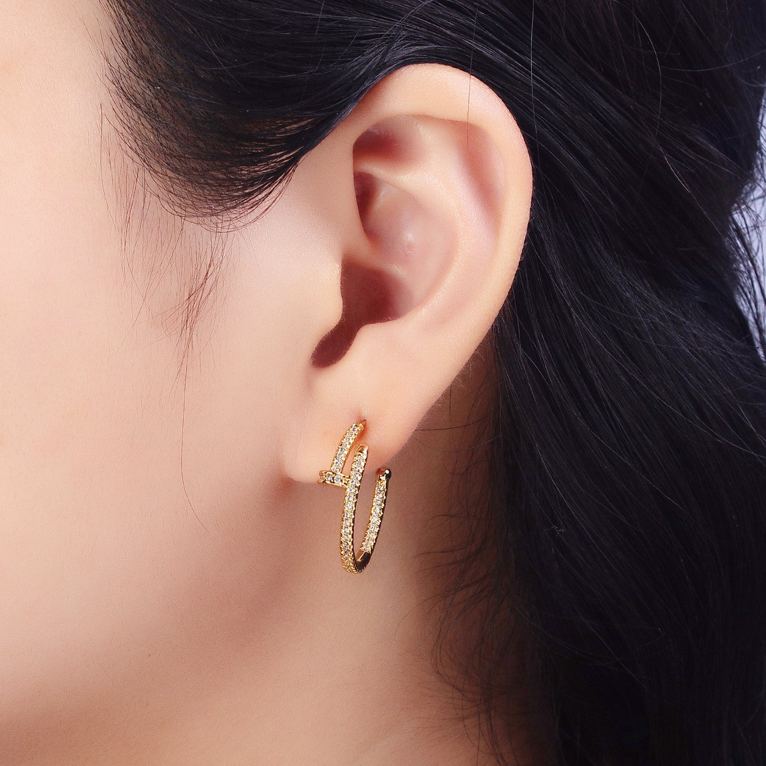 24K Gold Filled 23mm Needle Micro Paved CZ Hoop Earrings in Gold & Silver | AB534 AB535