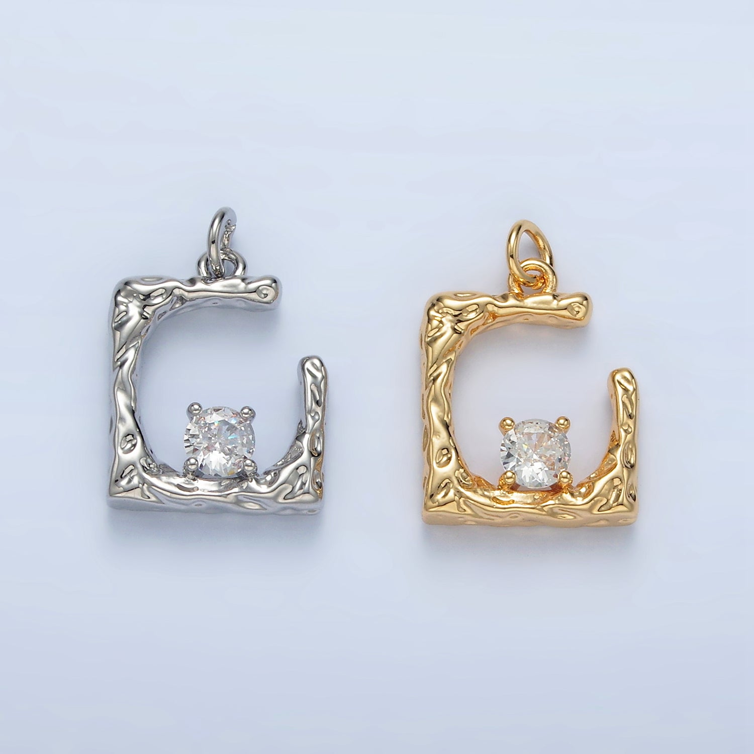 24K Gold Filled CZ Open Curved Square Hammered Charm in Gold & Silver | AG927