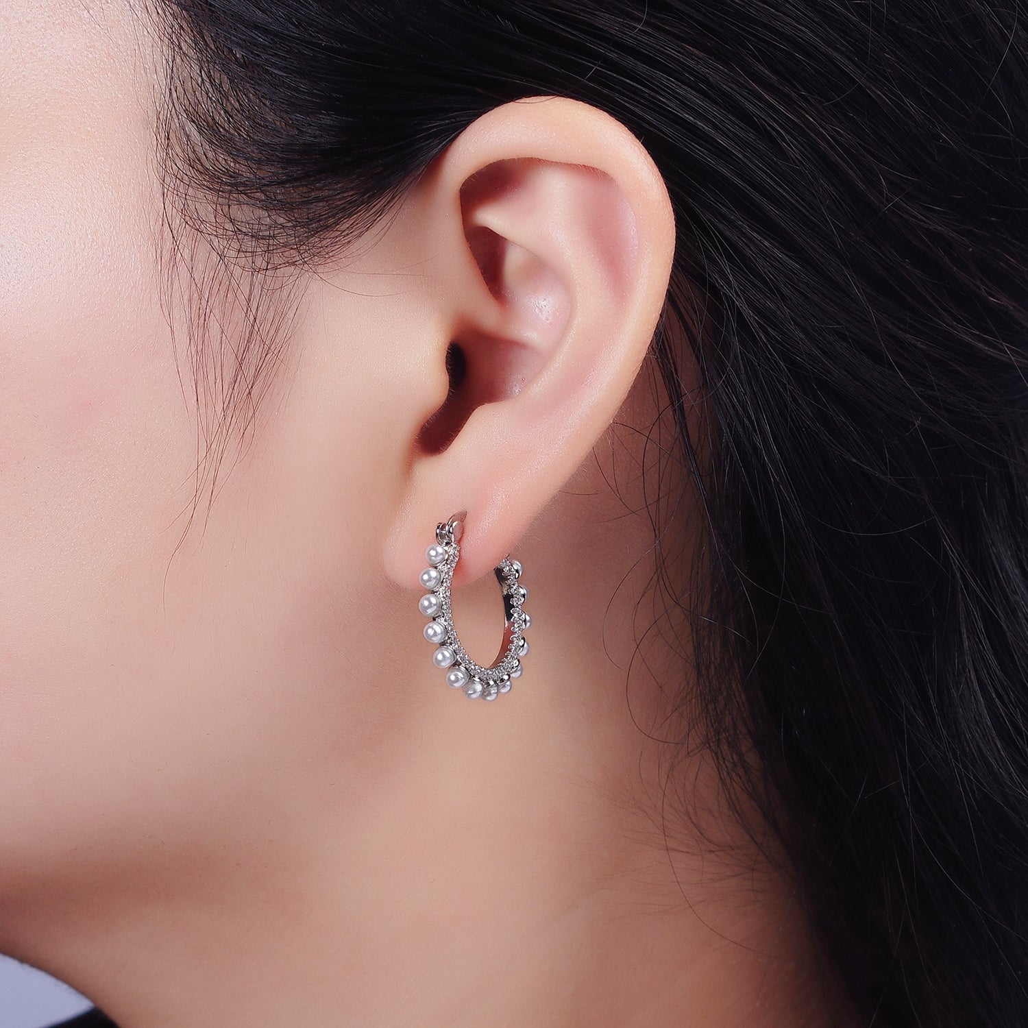 14K Gold Filled 23.5mm Micro Paved CZ Shell Pearl Dotted Latch Hoop Earrings in Gold & Silver | AE993 AE994