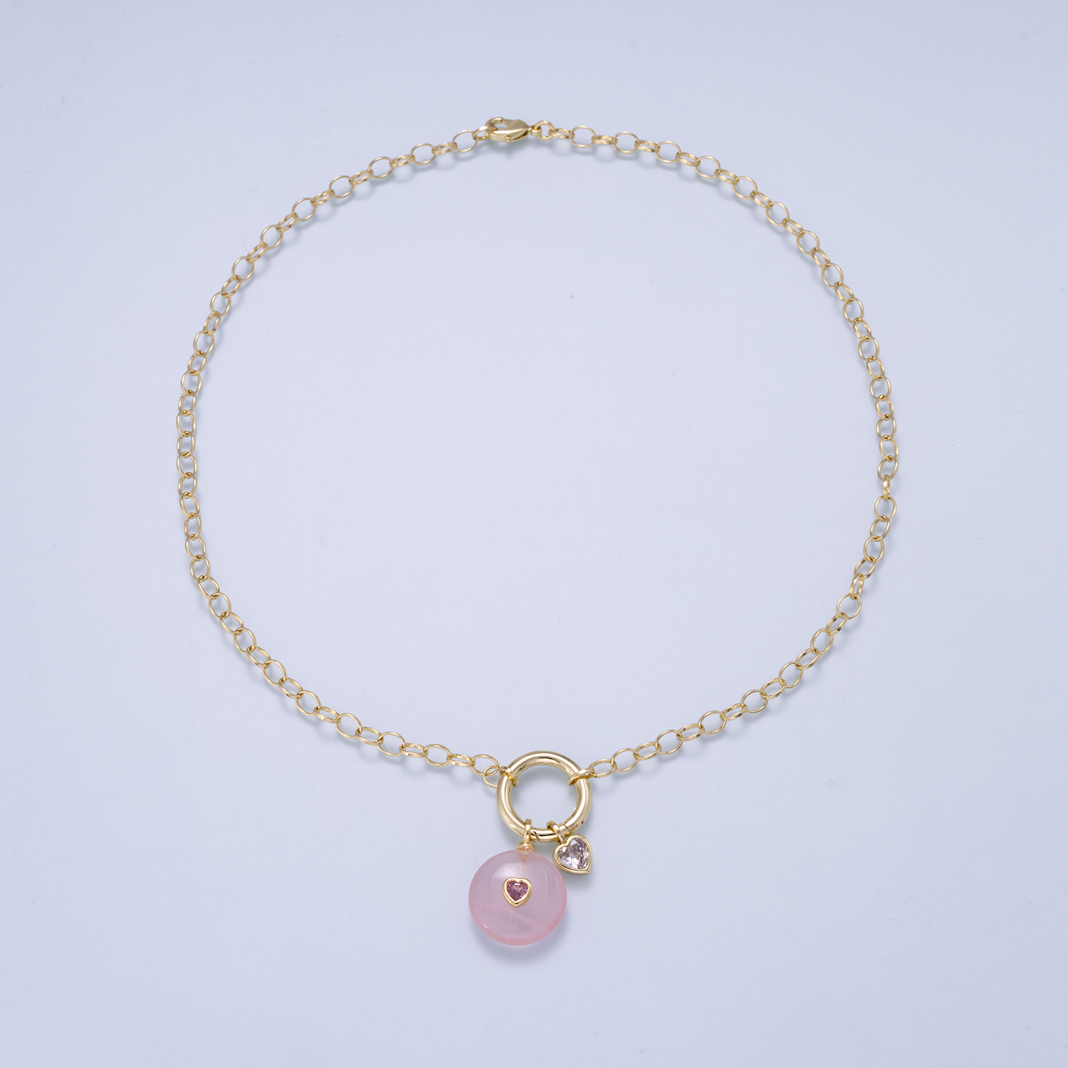 16K Gold Filled 6mm Push Gate Charm Connector Holder Ring Rolo Chain 18 Inch Necklace