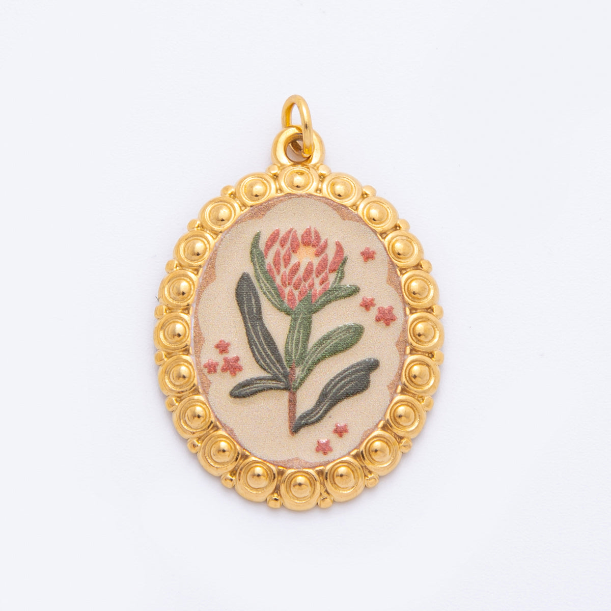 Gold Stainless Steel 33.5mm Hand-Painted Enamel Red Flower Artsy Charm | J011 J008 J009 J027