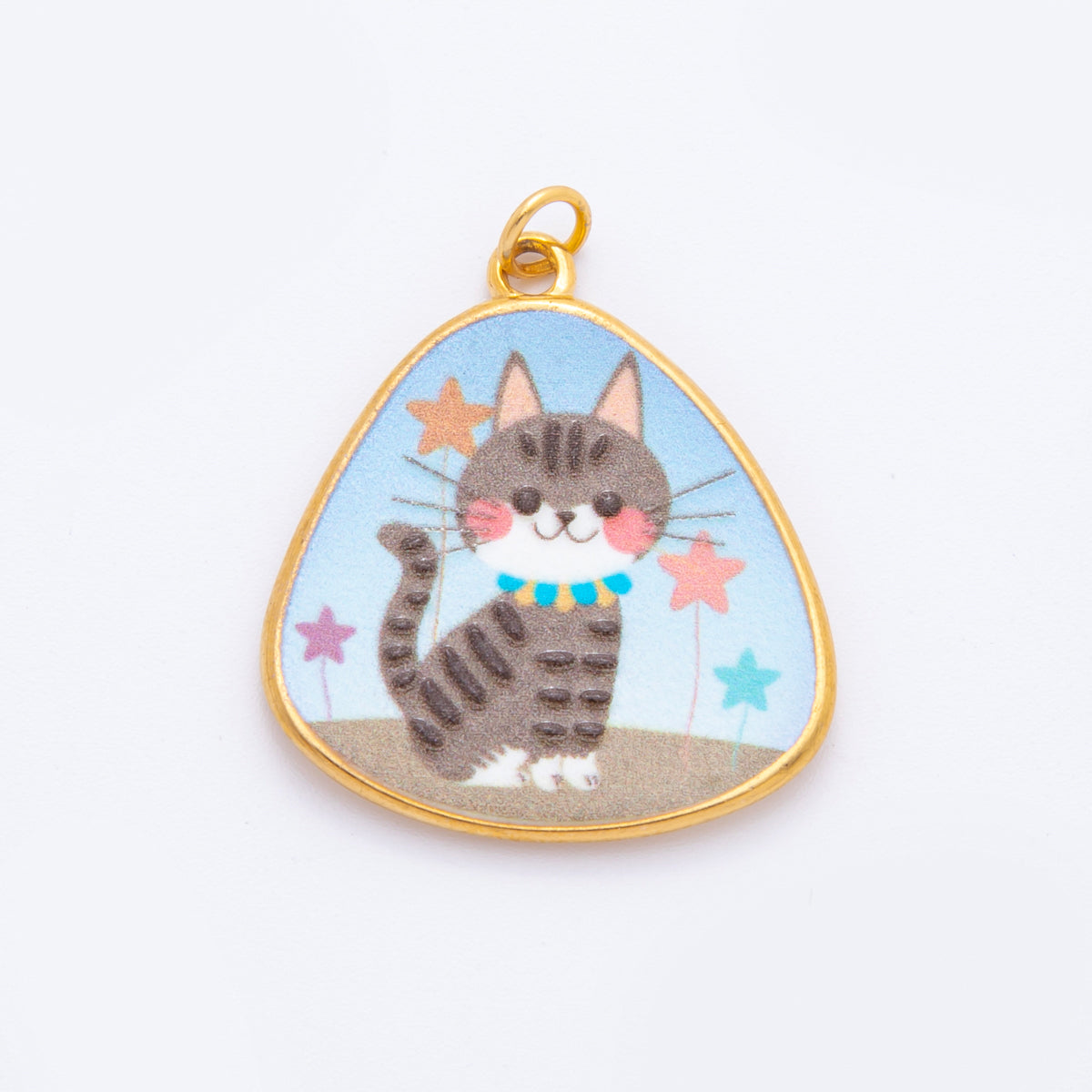 Gold Stainless Steel 33mm Hand-Painted Enamel Lovely Dove & Kitty Car Charm | J447