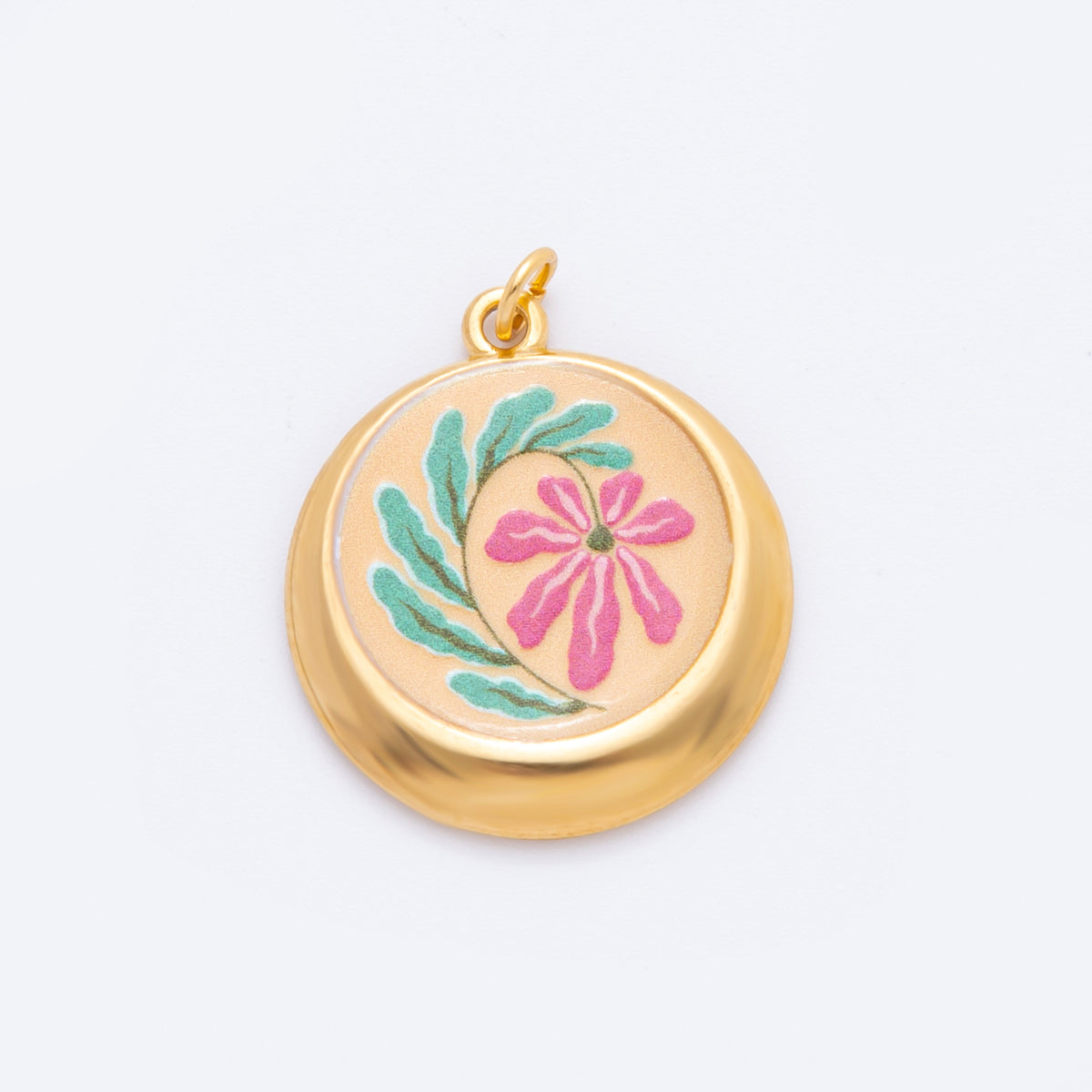 Gold Stainless Steel 30mm Hand-Painted Enamel Round Fantasy Butterfly, Sun, & Flower Charm | J381 J393 J422 J428