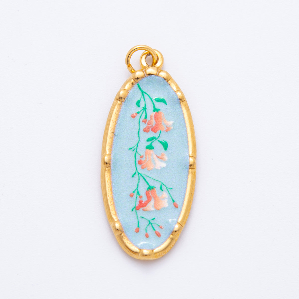Gold Stainless Steel 37mm Hand-Painted Enamel Oval Wildflower Charm | J398 J406 J409 J411 J419