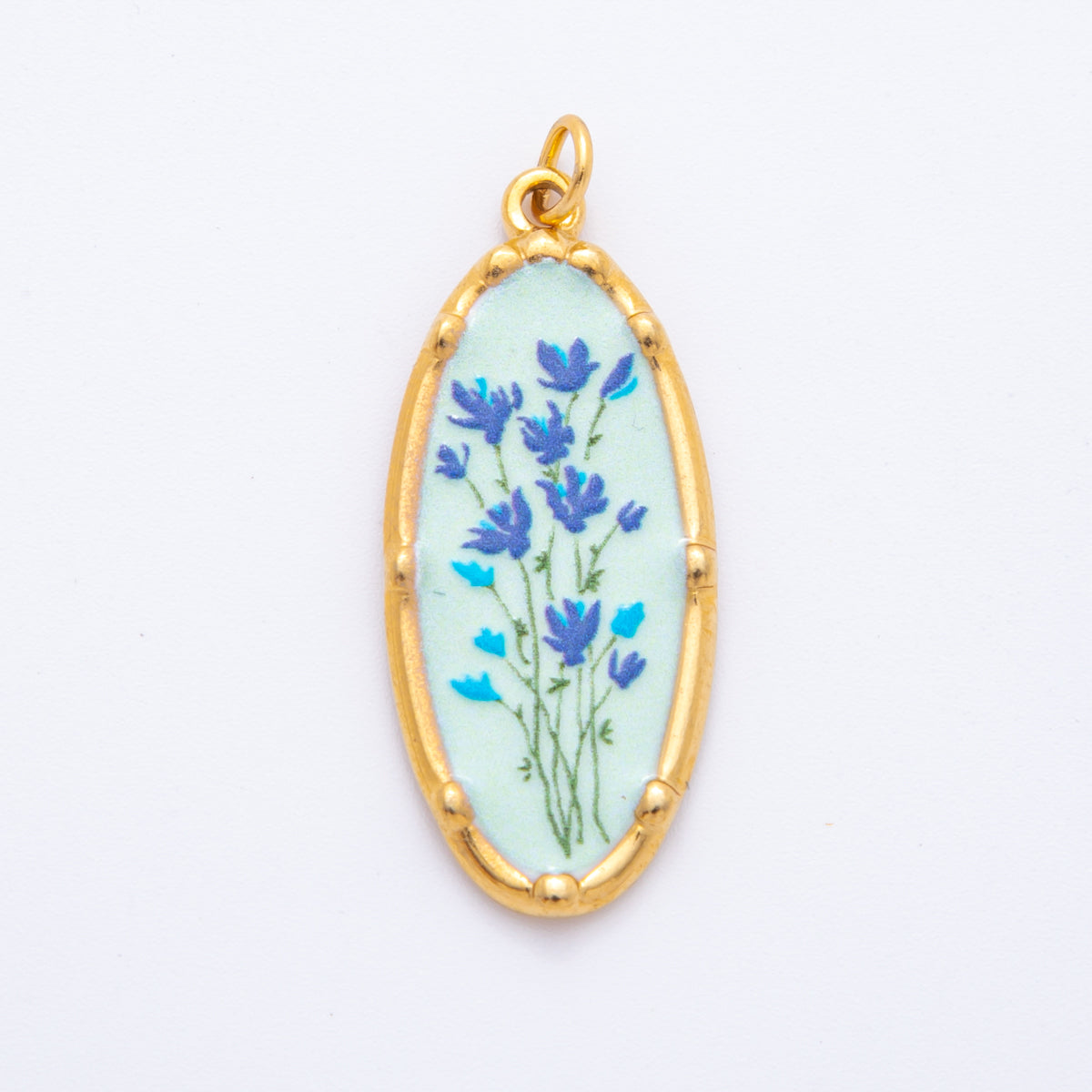 Gold Stainless Steel 37mm Hand-Painted Enamel Oval Wildflower Charm | J398 J406 J409 J411 J419