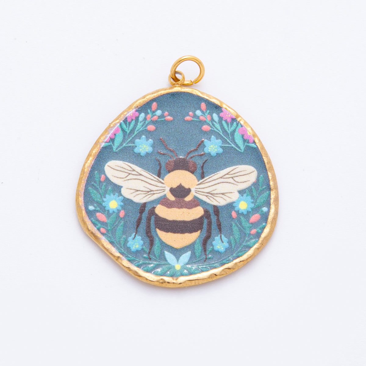 Gold Stainless Steel 36mm Hand-Painted Enamel Small Honey Bee Charm | J445