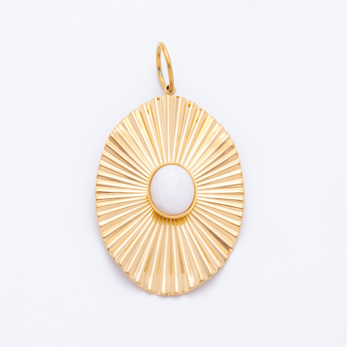 Stainless Steel 50mm White Jade Gemstone Cabochon Sunburst Oval Charm | J488