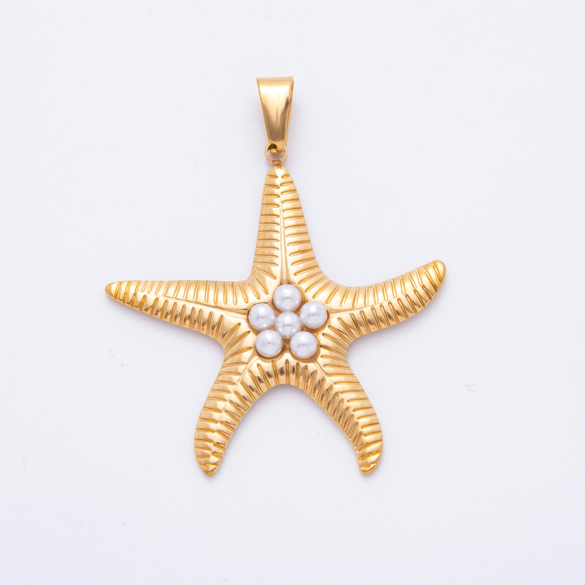 Stainless Steel Shell Pearl Lined Ribbed Starfish Pendant | J541