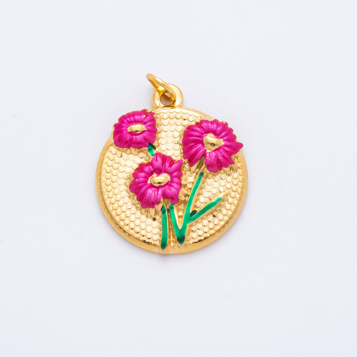 Gold Stainless Steel 26.5mm Fuchsia & White Enamel Flower in Coin Charm | J683