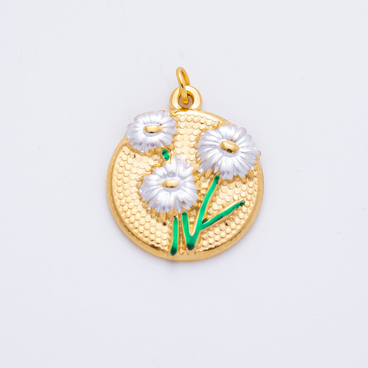Gold Stainless Steel 26.5mm Fuchsia & White Enamel Flower in Coin Charm | J683