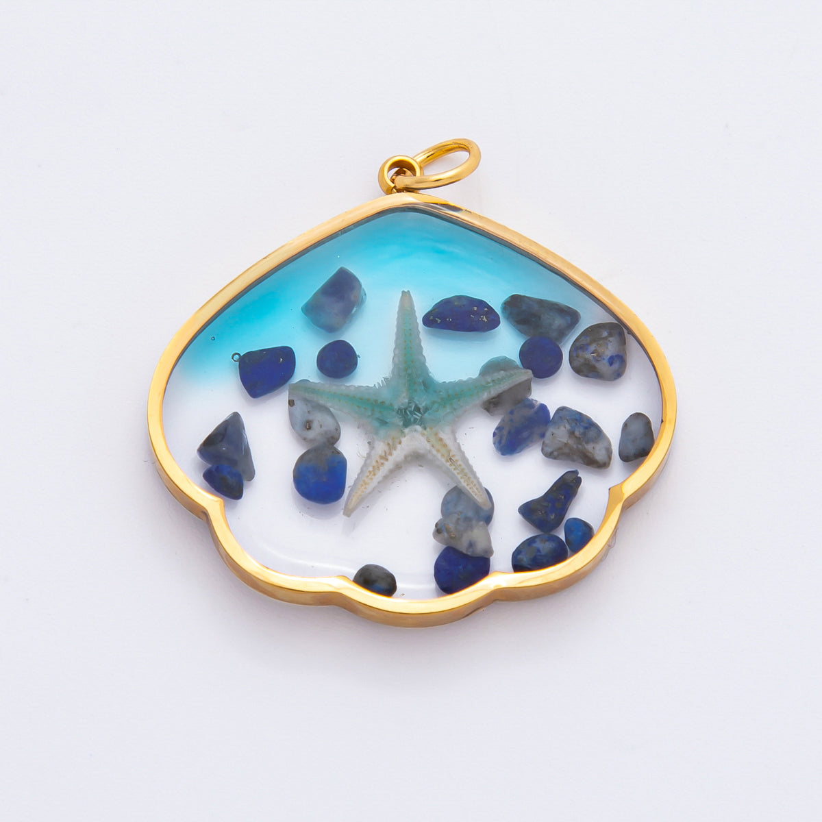 Gold Stainless Steel 29mm Ocean Blue Resin Starfish & Beach Stones Charm | J696