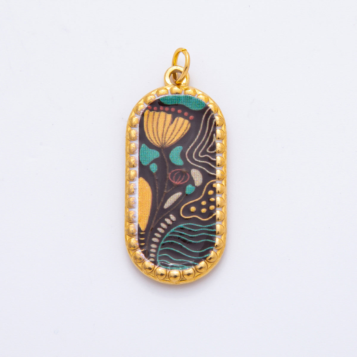Gold Stainless Steel 34mm Hand-Painting Enamel Artsy Floral Long Oval Charm | J723 J737 J739 J759 J770