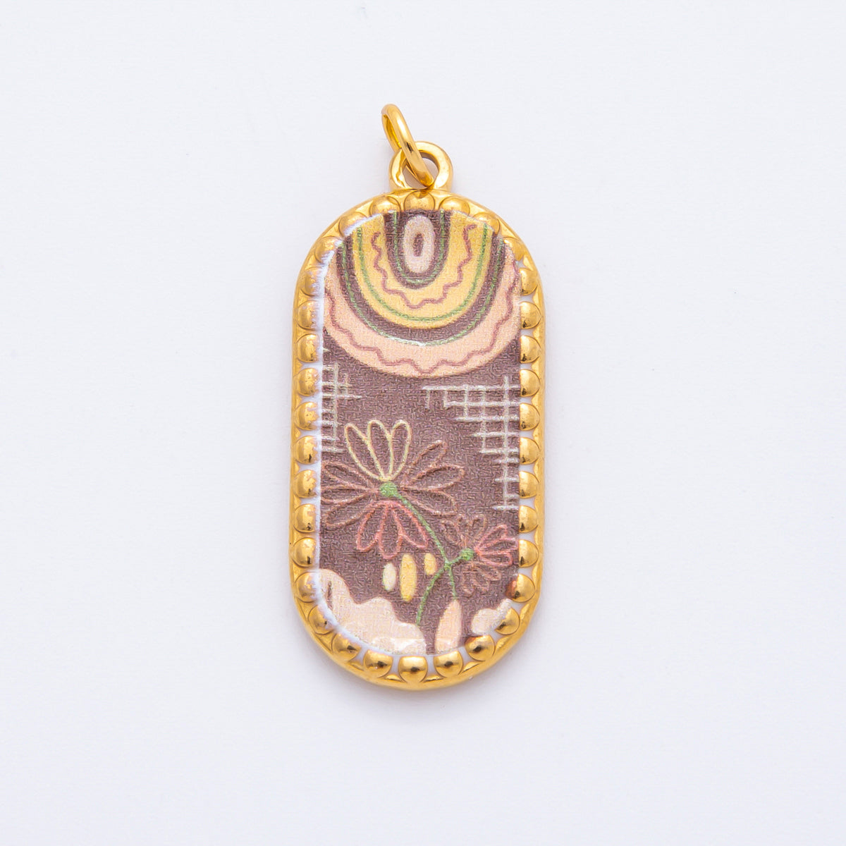Gold Stainless Steel 34mm Hand-Painting Enamel Artsy Floral Long Oval Charm | J723 J737 J739 J759 J770