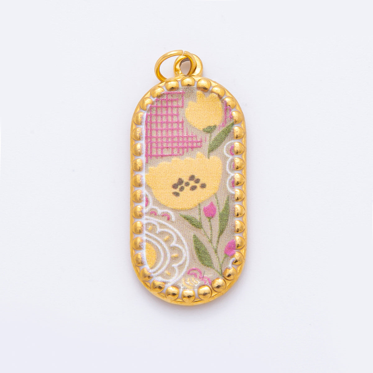 Gold Stainless Steel 34mm Hand-Painting Enamel Artsy Floral Long Oval Charm | J723 J737 J739 J759 J770
