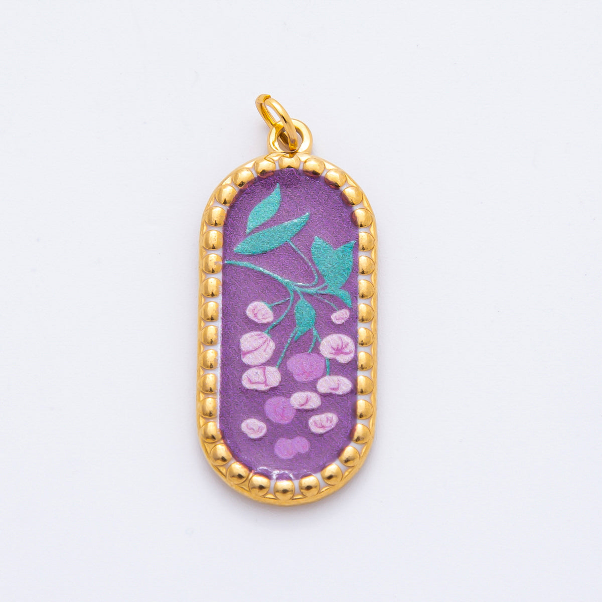 Gold Stainless Steel 34mm Hand-Painting Enamel Artsy Floral Long Oval Charm | J723 J737 J739 J759 J770