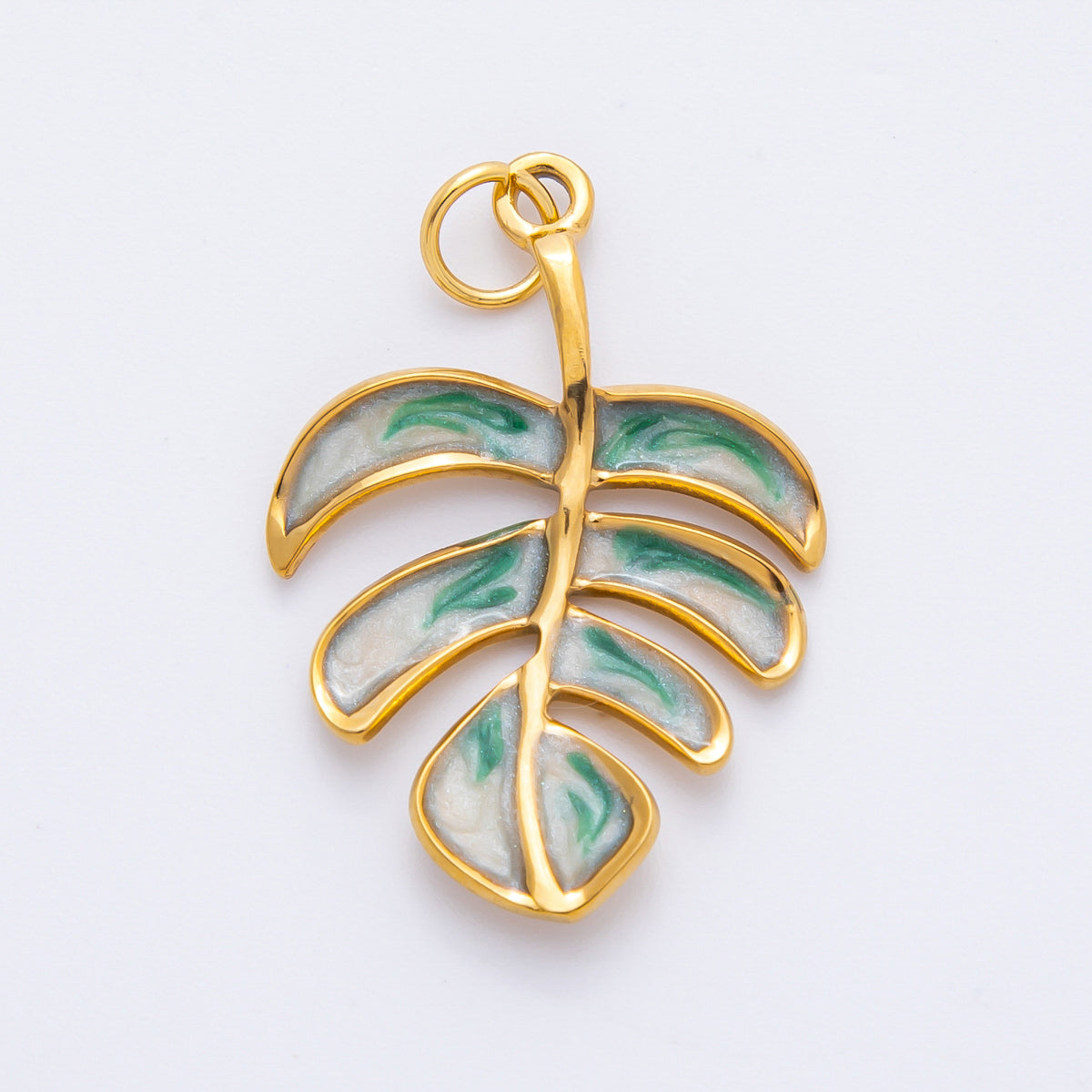 Gold Stainless Steel 31mm Enamel Tropical Palm Tree Leaf Monstera Charm | J783