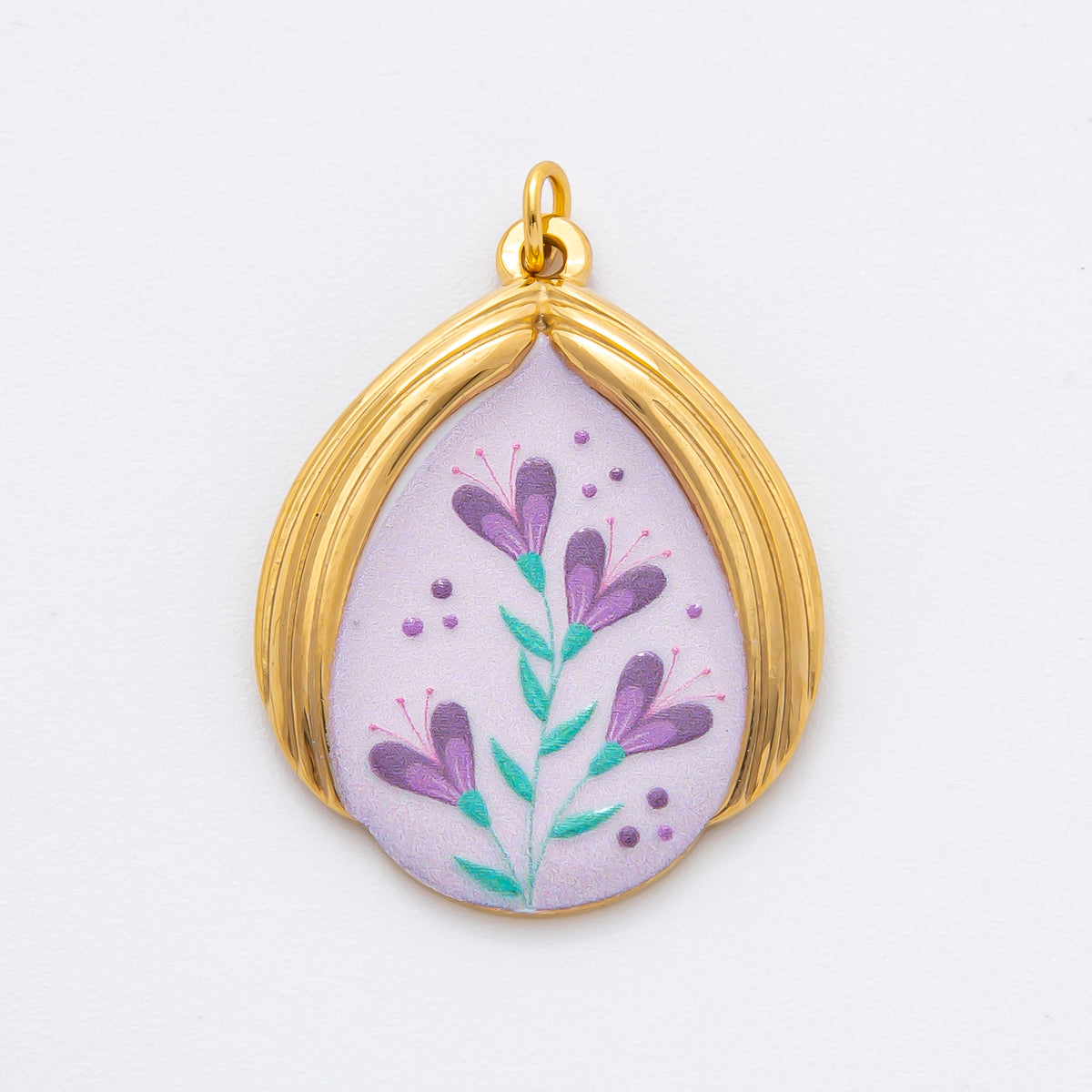 Gold Stainless Steel 35mm Hand-Painted Enamel Romantic Lavender Flower Charm | J797