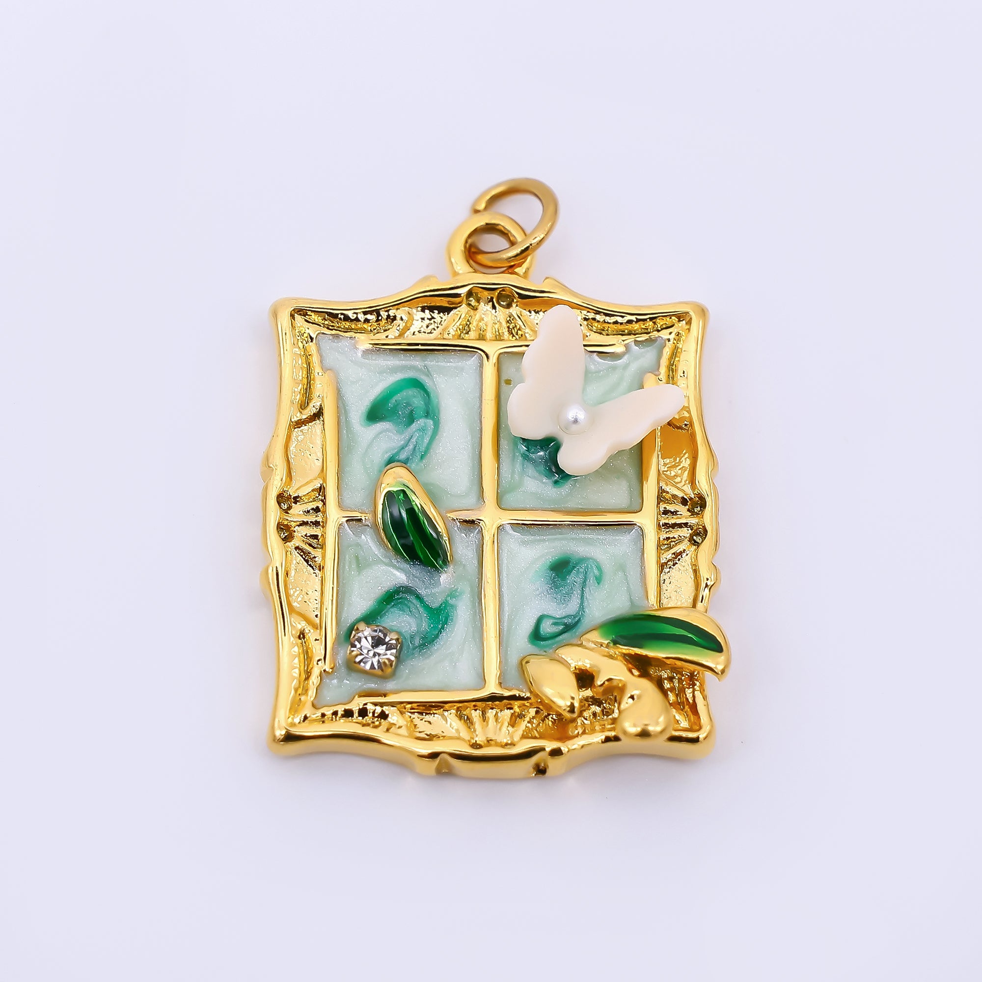 Gold Stainless Steel 26mm Hand-Painting Enamel Windows with Butterfly Charm in Green & Pink | J010