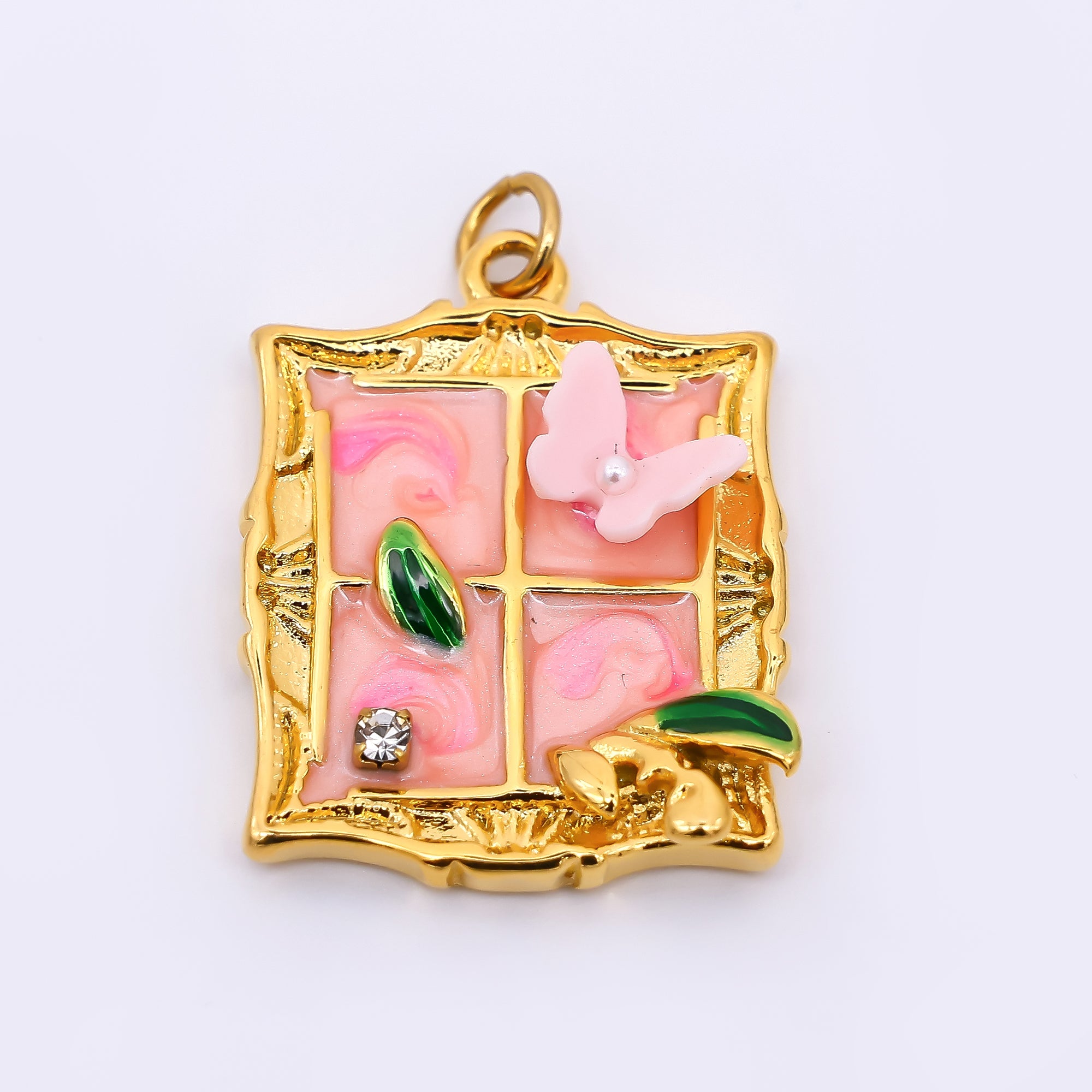 Gold Stainless Steel 26mm Hand-Painting Enamel Windows with Butterfly Charm in Green & Pink | J010